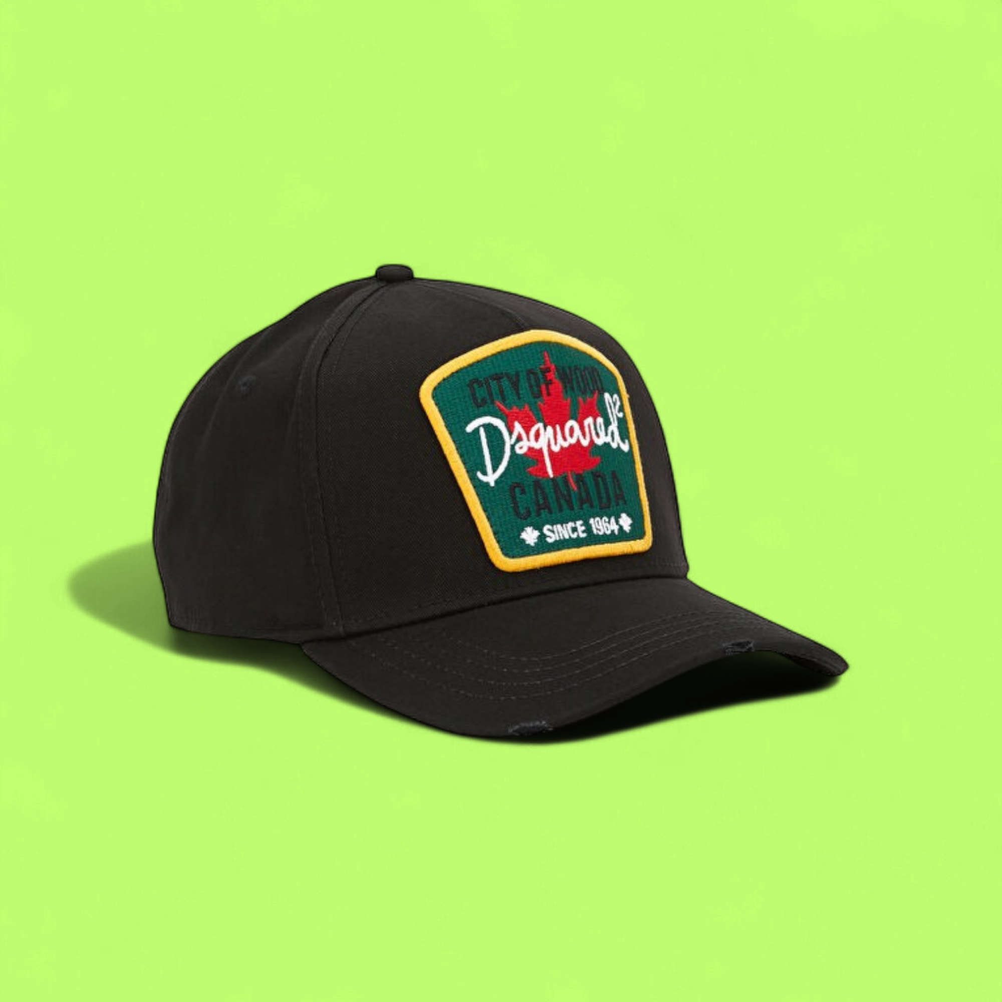 BLACK CAP WITH GREEN RETRO PATCH AND MAPLE LEAF EMBROIDERY