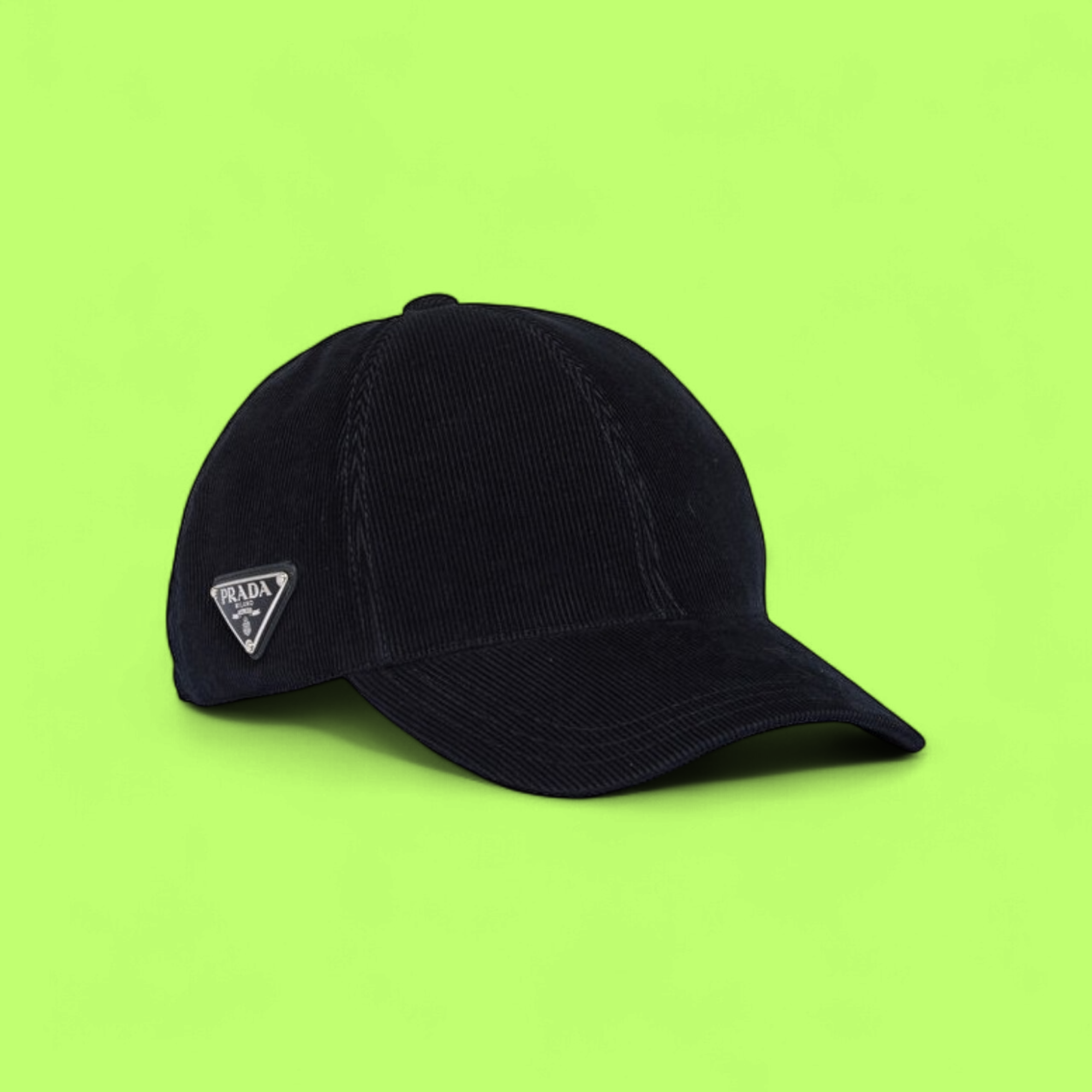 BLACK CORDUROY PRADA BASEBALL CAP WITH ICONIC METAL TRIANGLE