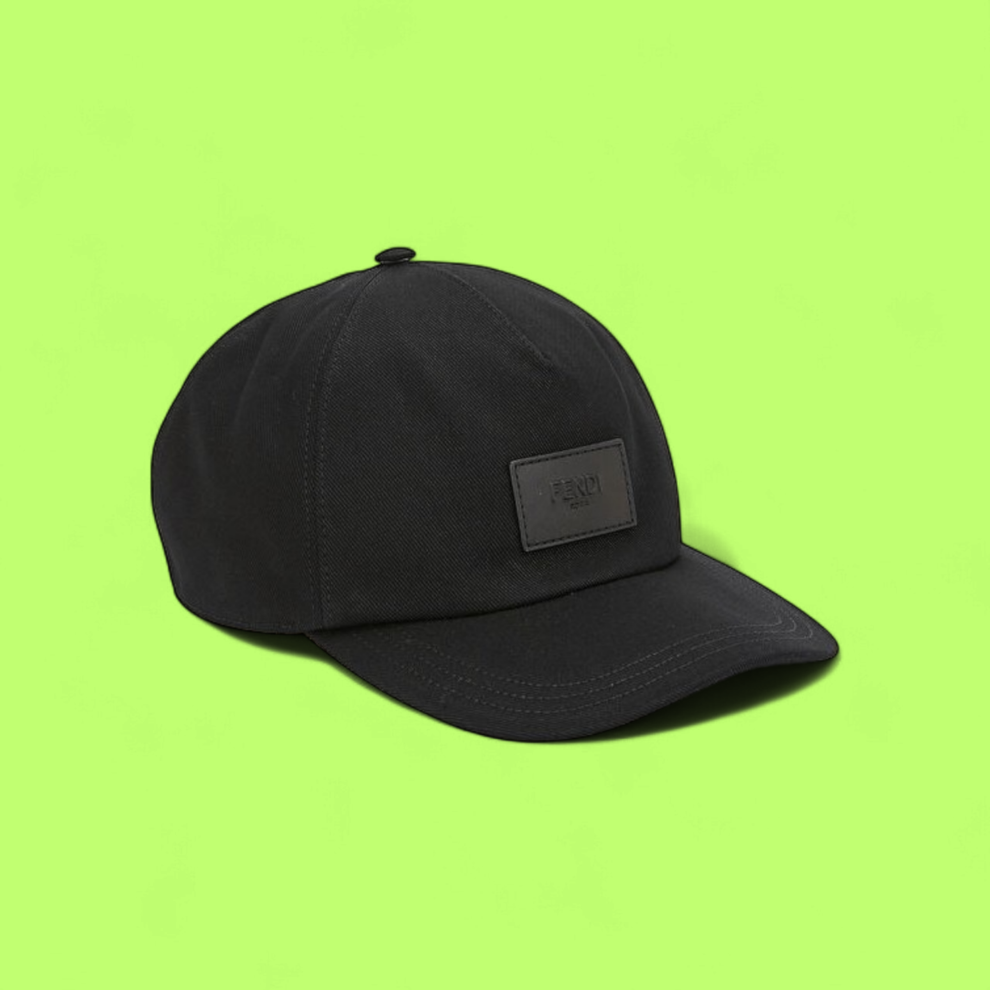 FENDI BLACK CAP WITH LEATHER PATCH FRONT LOGO EMBROIDERY