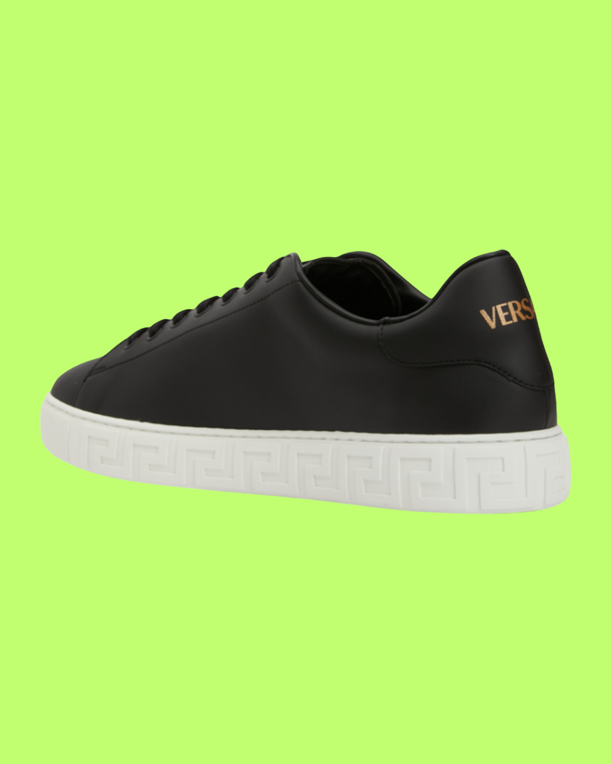 VERSACE BLACK LEATHER SNEAKER WITH WHITE GREEK KEY RUBBER