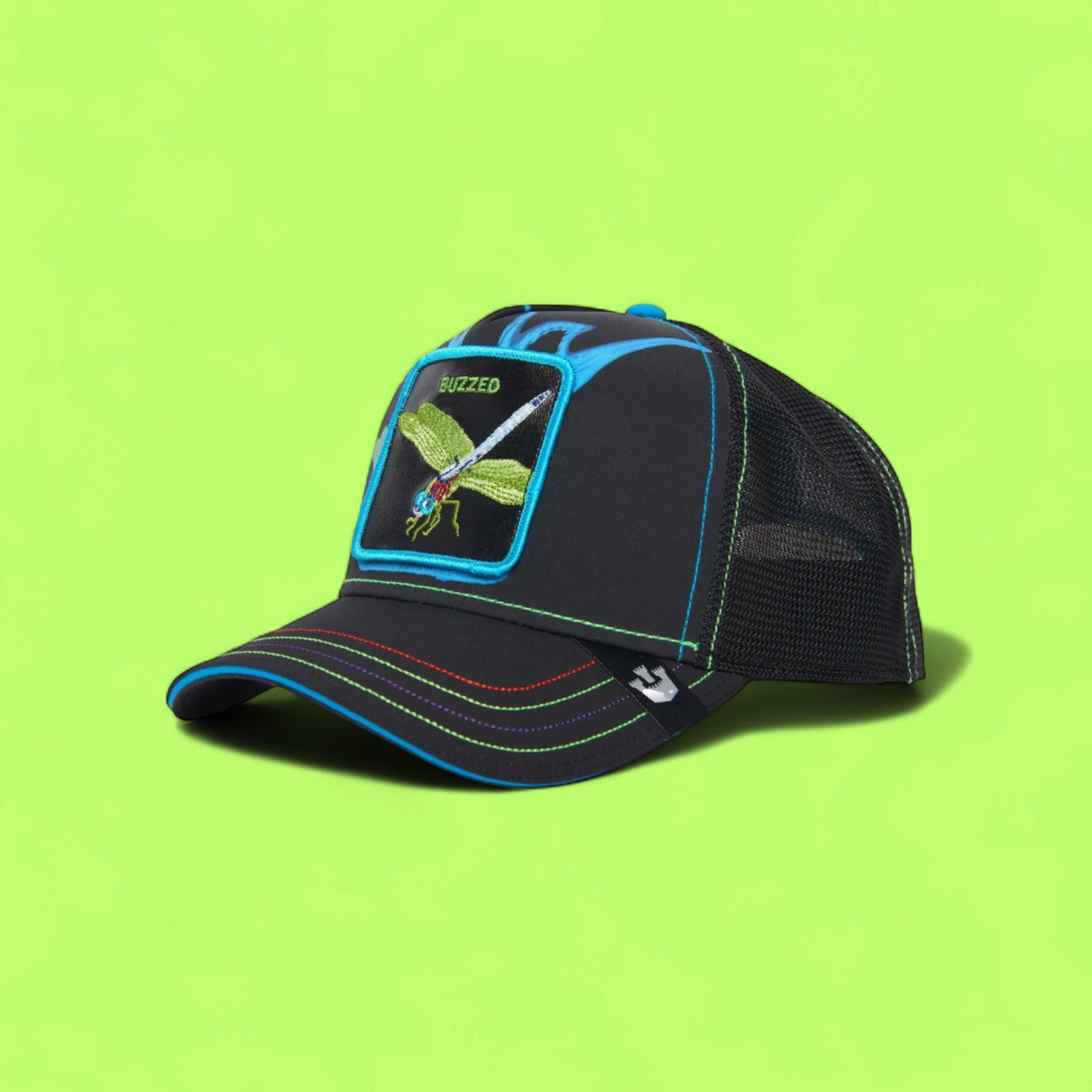 DRAGONFLY PATCH BLACK TRUCKER HAT WITH COLORFUL STITCH