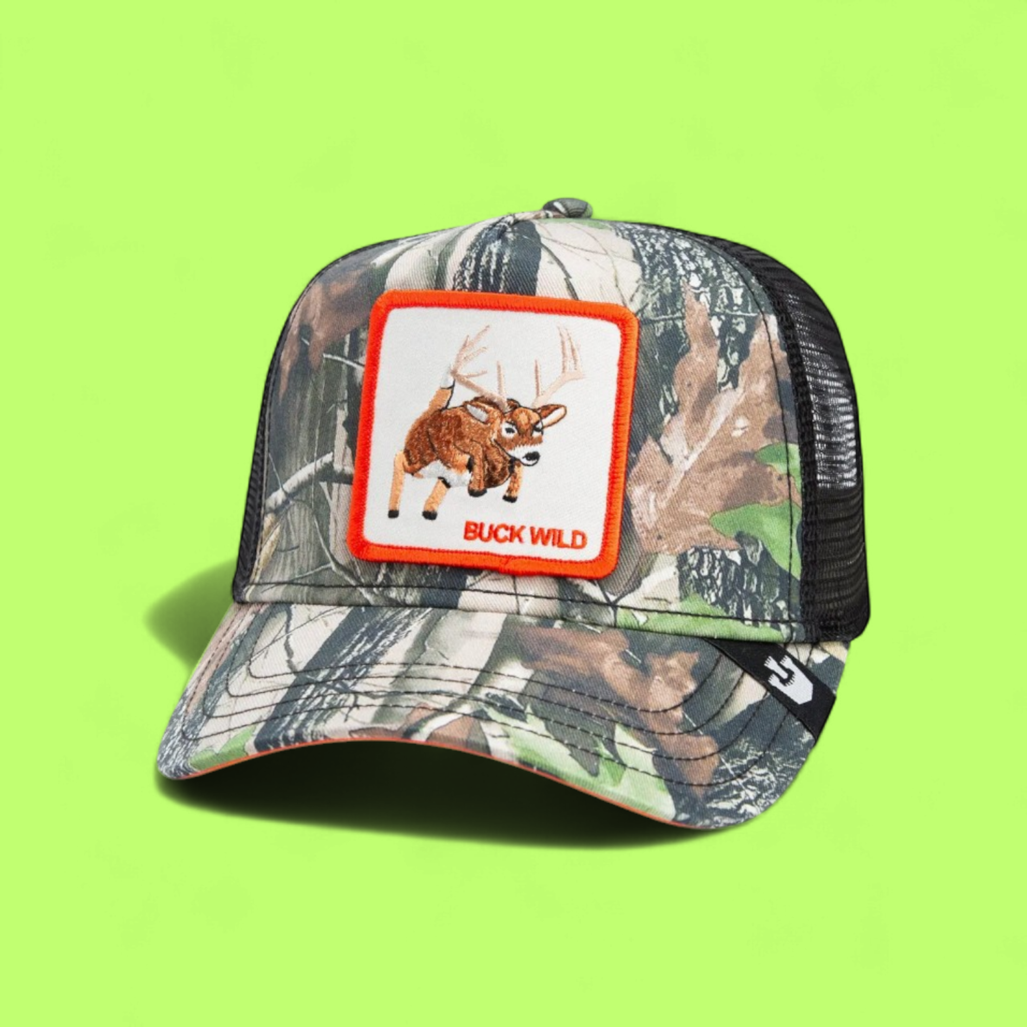 BUCK WILD CAMO DEER PATCH TRUCKER HAT WITH ORANGE FRAME