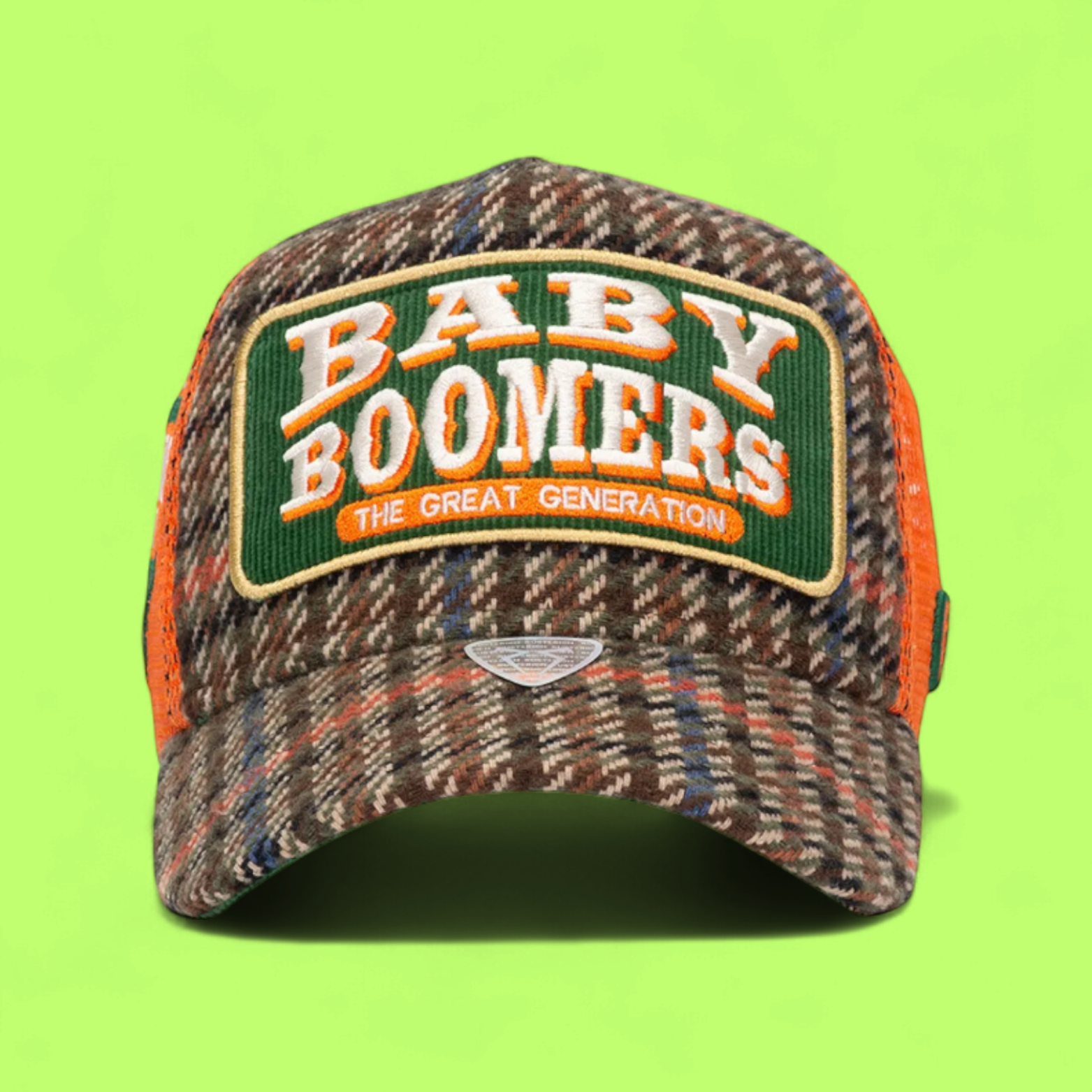 BABY BOOMERS TRUCKER CAP WITH ORANGE MESH AND WOOL PATTERN