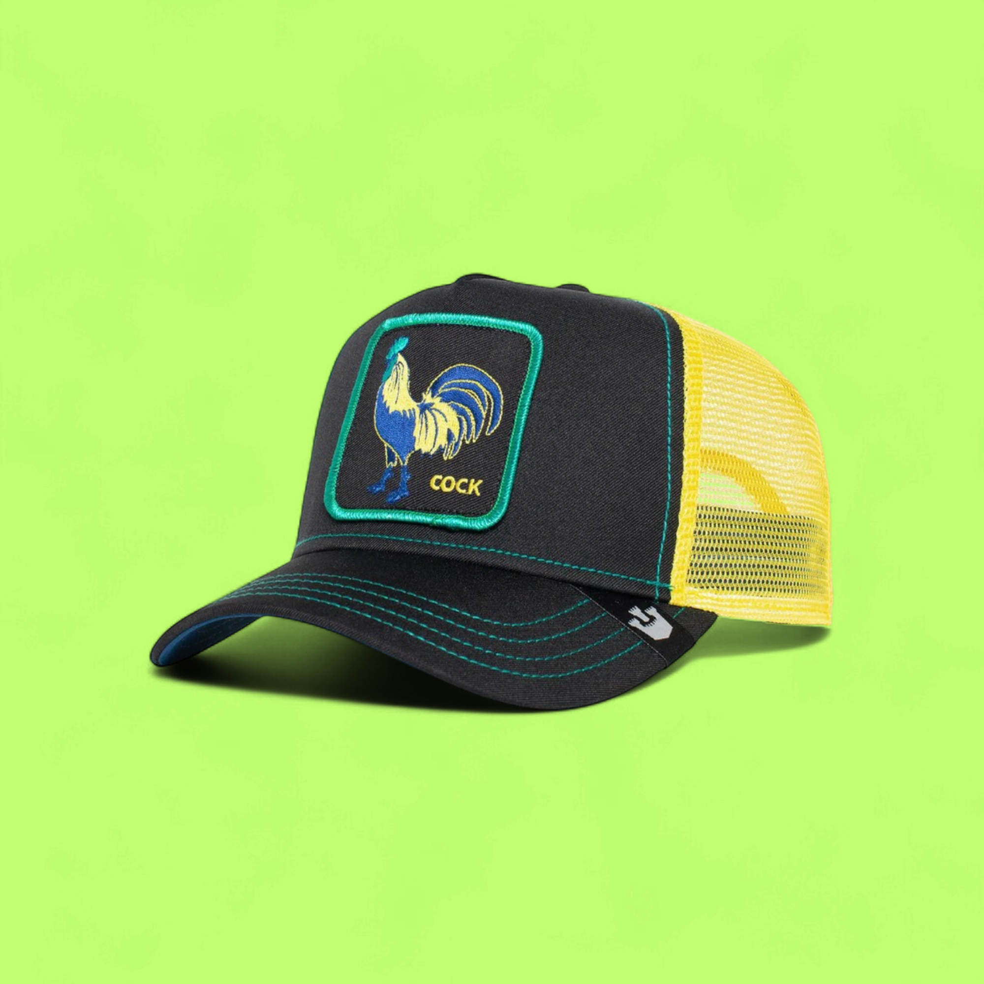 ROOSTER PATCH BLACK TRUCKER HAT WITH YELLOW MESH BACK