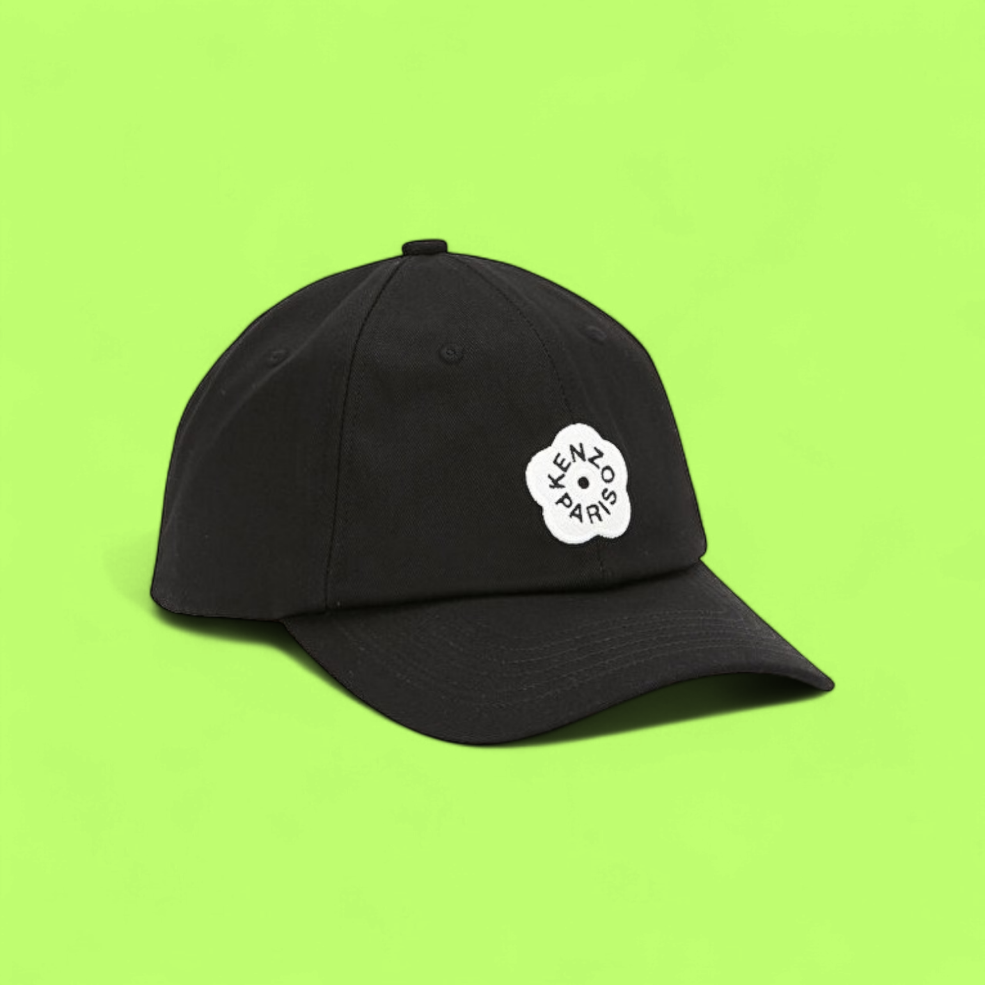 KENZO BLACK CAP WITH WHITE FLOWER LOGO PATCH ICON DROPW