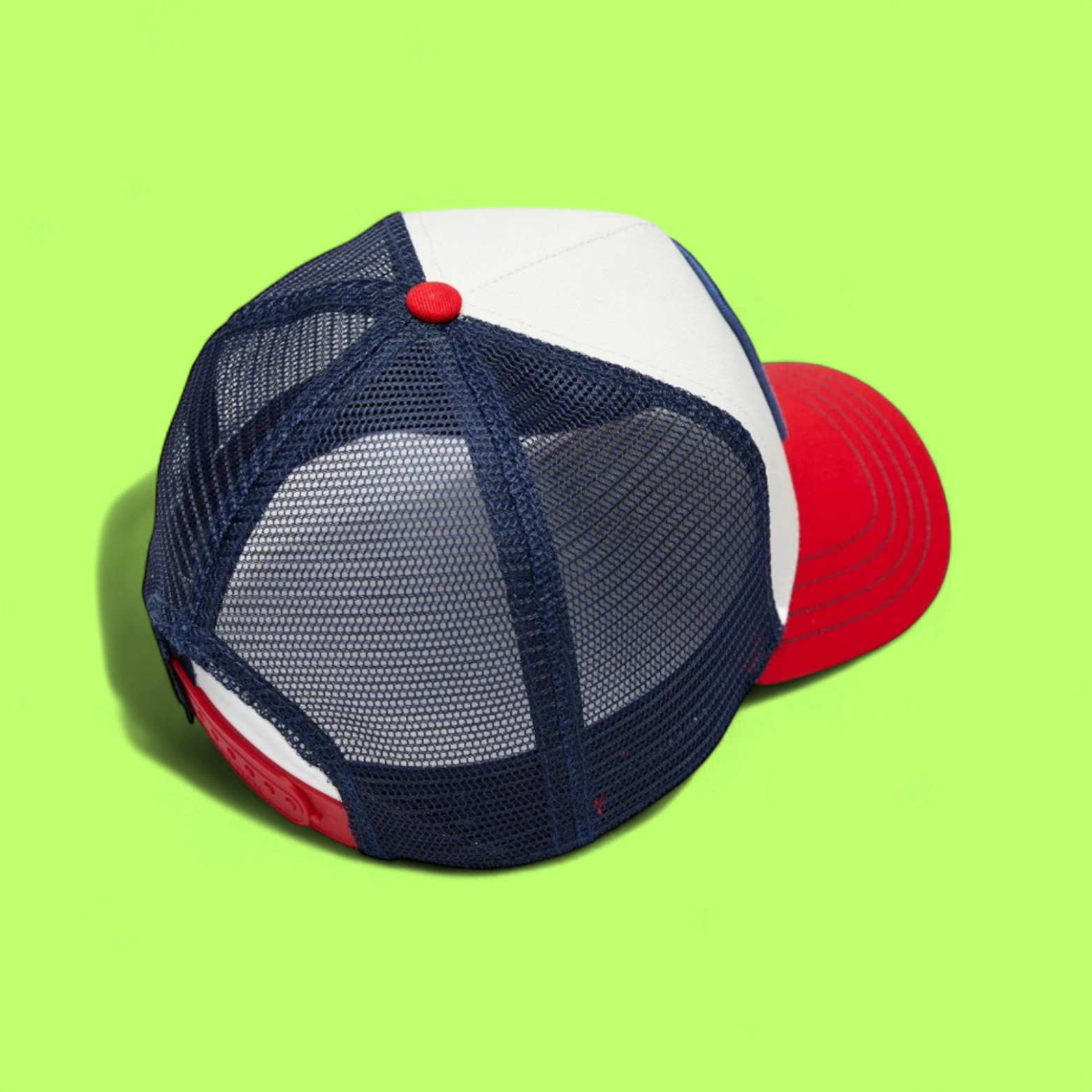 RED WHITE BLUE TRUCKER CAP WITH ROOSTER EMBROIDERY PATCH