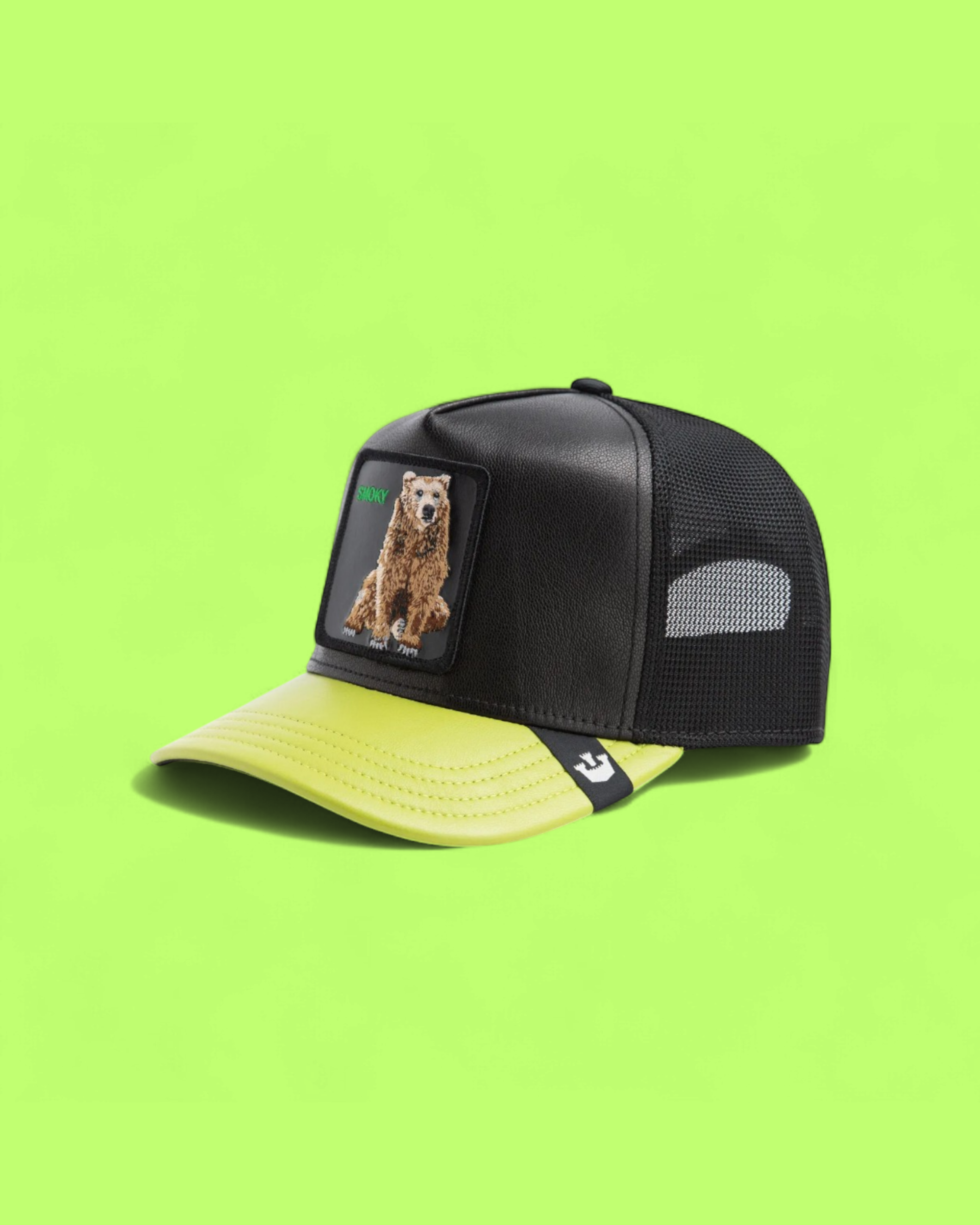 SMOKY BEAR BLACK TRUCKER HAT WITH NEON YELLOW BRIM DETAIL