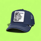 EMPIRE LION PATCH NAVY BLUE TRUCKER HAT WITH WHITE STITCHING