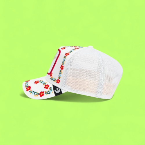 SUCKER HUMMINGBIRD WHITE HAT WITH COLORFUL FLORAL DETAILS