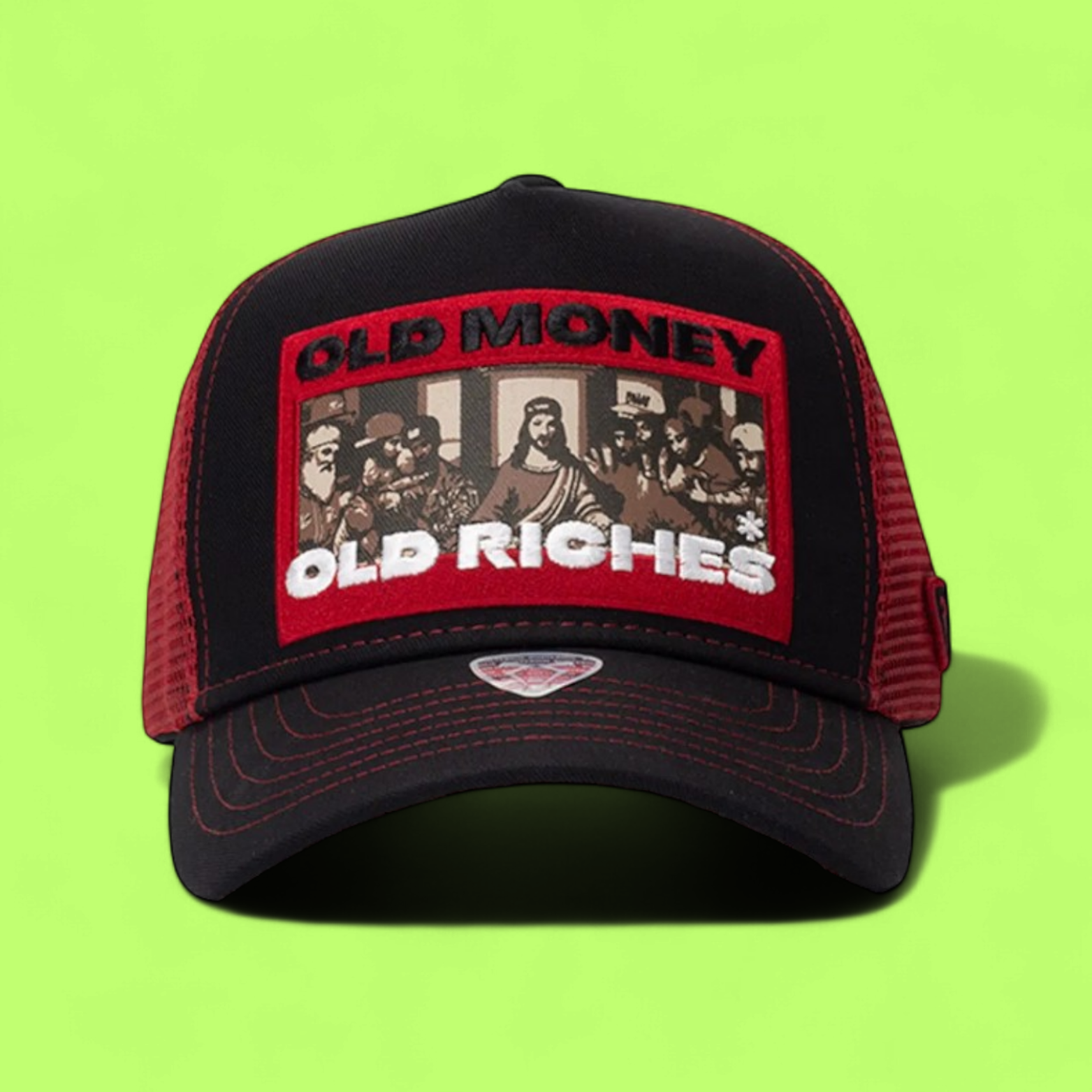 BLACK RED TRUCKER CAP WITH PATCH PRINT AND NETTED BACK