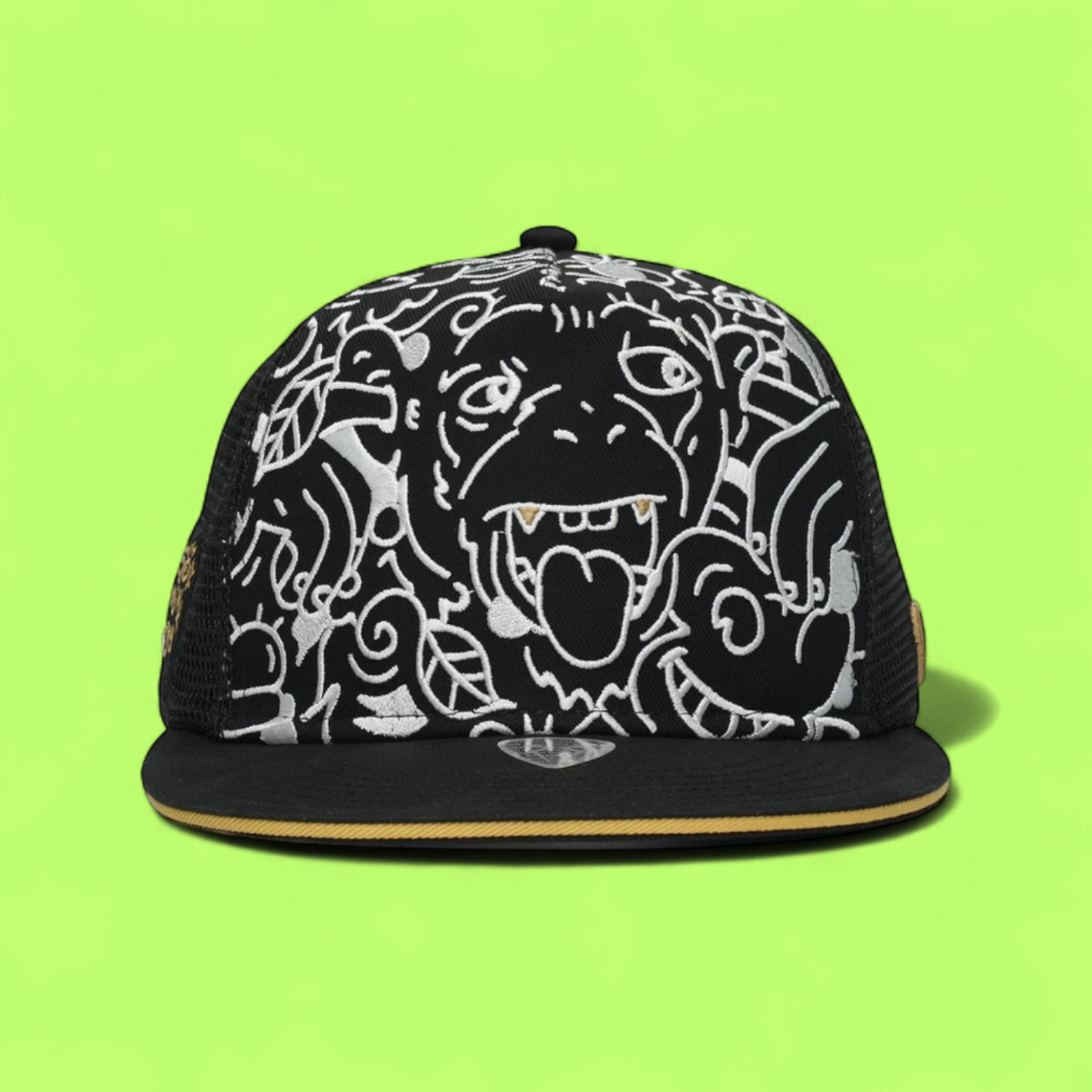 BLACK MESH TRUCKER CAP WITH WHITE CARTOON FACE EMBROIDERY