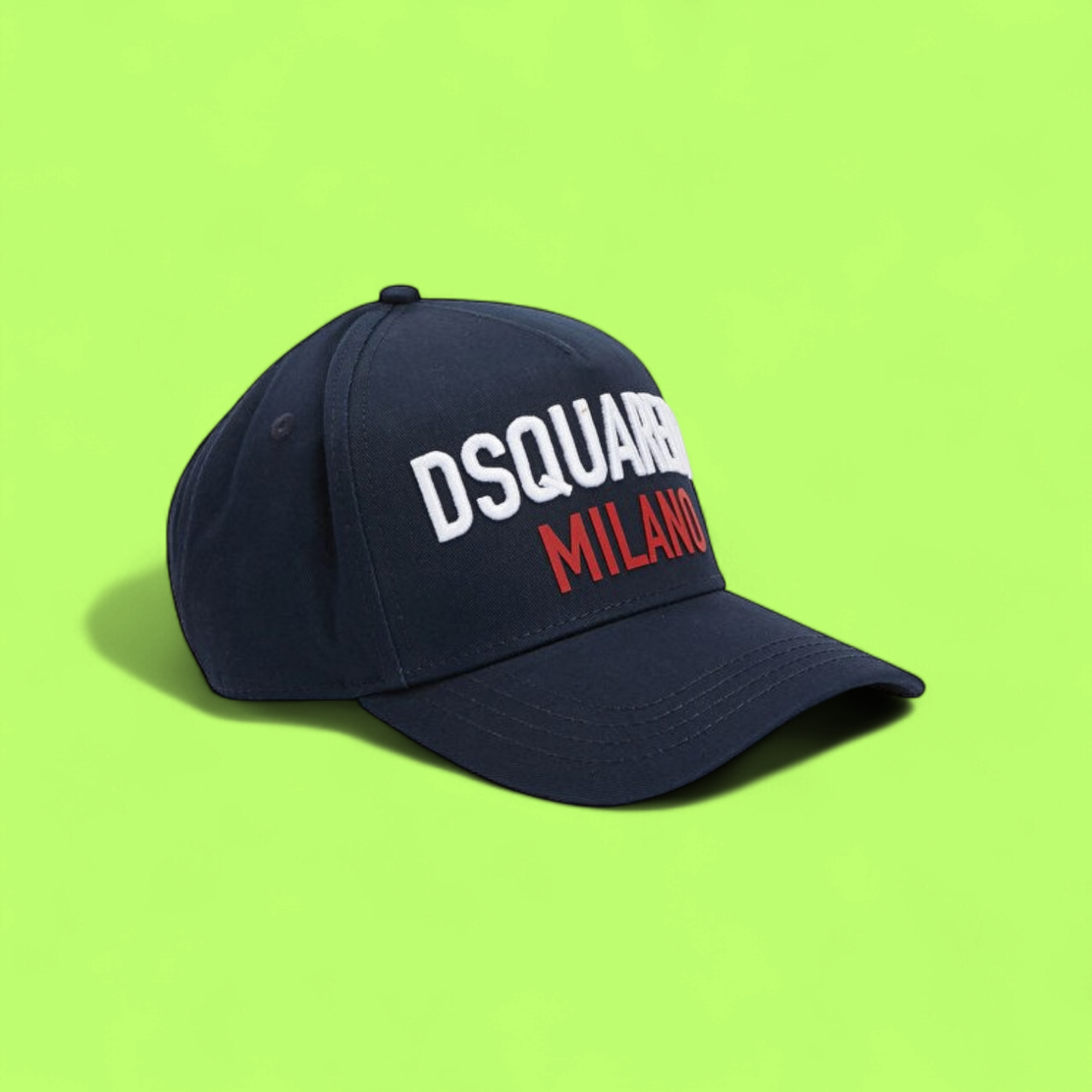 NAVY BLUE CAP WITH WHITE AND RED EMBROIDERED FRONT TEXT