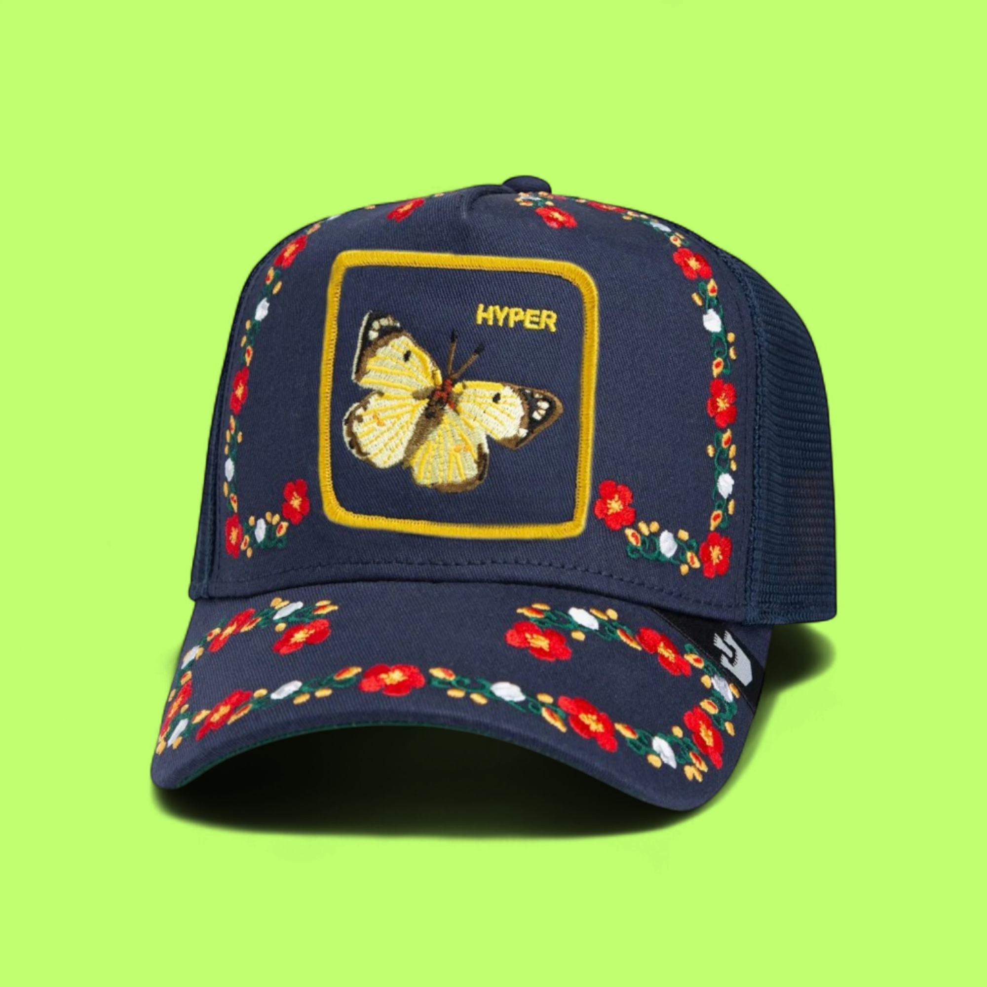HYPER BUTTERFLY NAVY BLUE FLORAL TRUCKER HAT ICON DROP