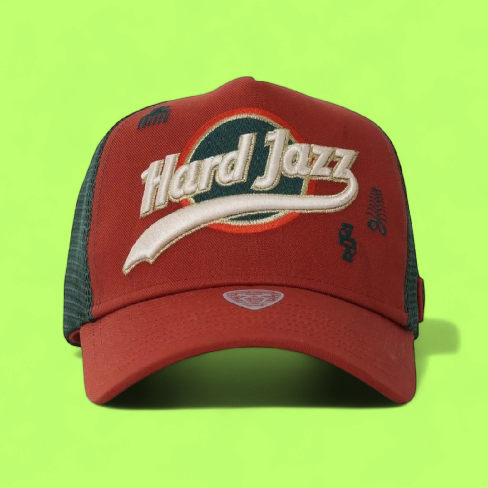HARD JAZZ TRUCKER CAP WITH RETRO EMBROIDERED FRONT DESIGN