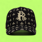 BLACK TRUCKER CAP WITH GOLDEN R LOGO AND FLORAL PATTERN