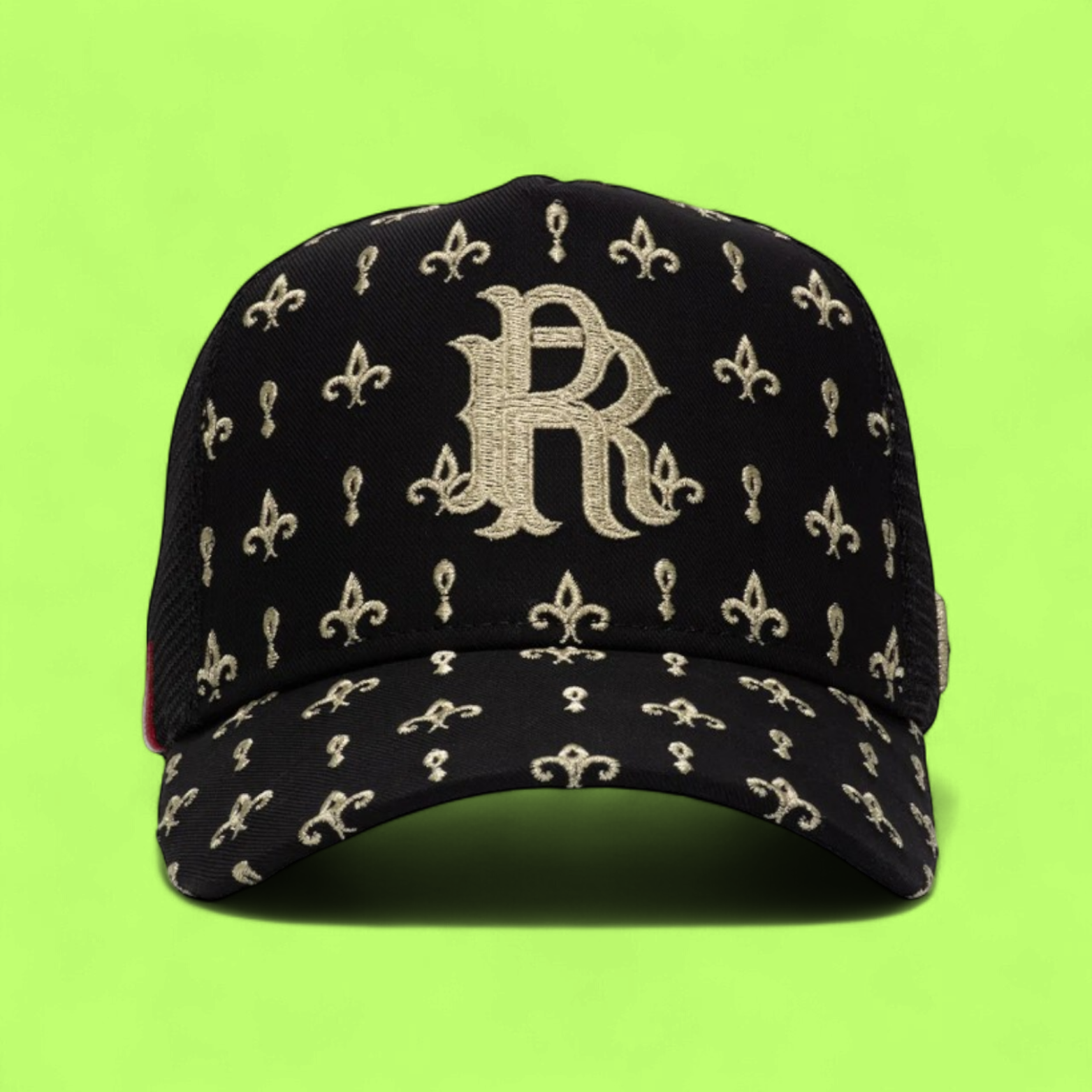 BLACK TRUCKER CAP WITH GOLDEN R LOGO AND FLORAL PATTERN
