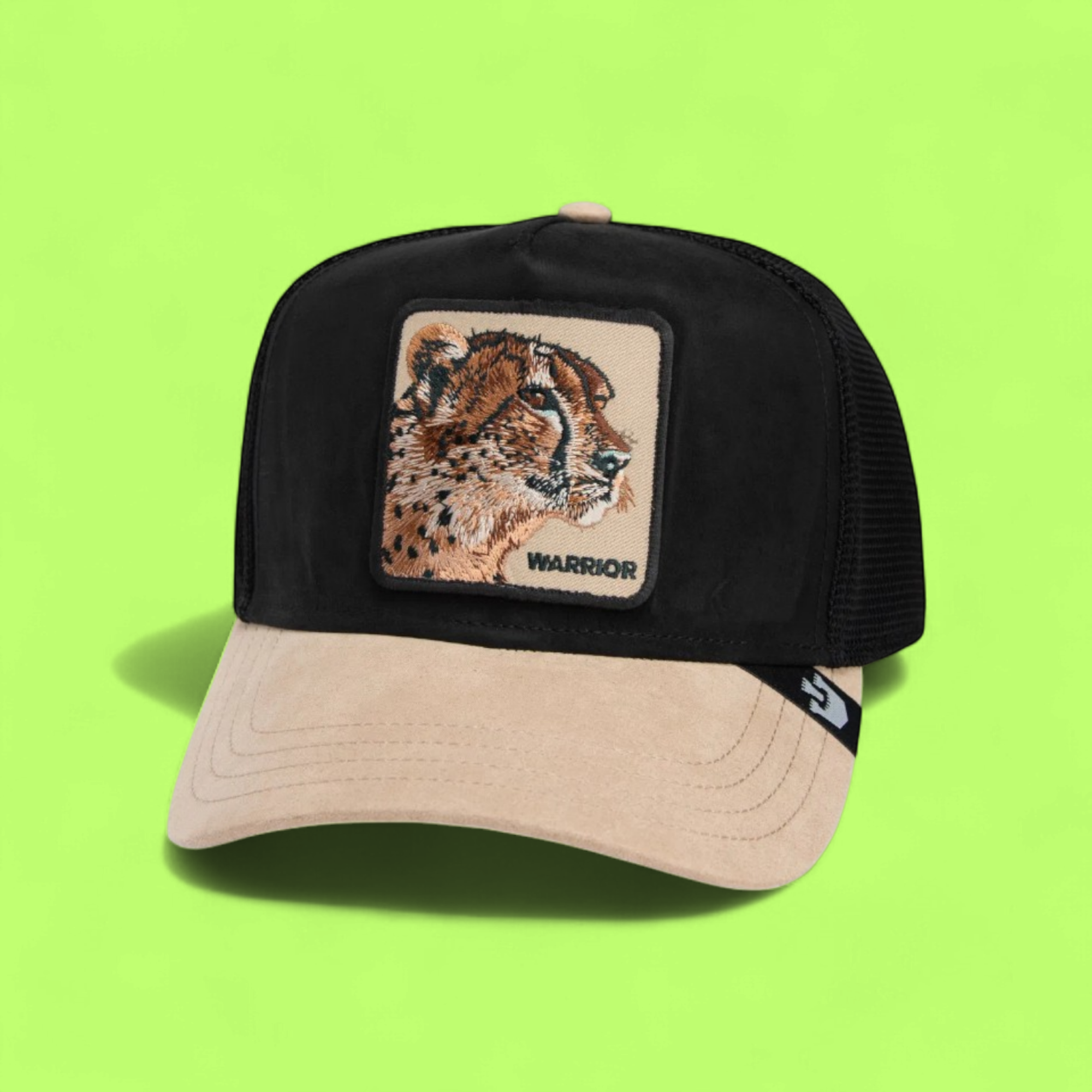 WARRIOR CHEETAH BLACK AND BEIGE TRUCKER HAT EMBROIDERED
