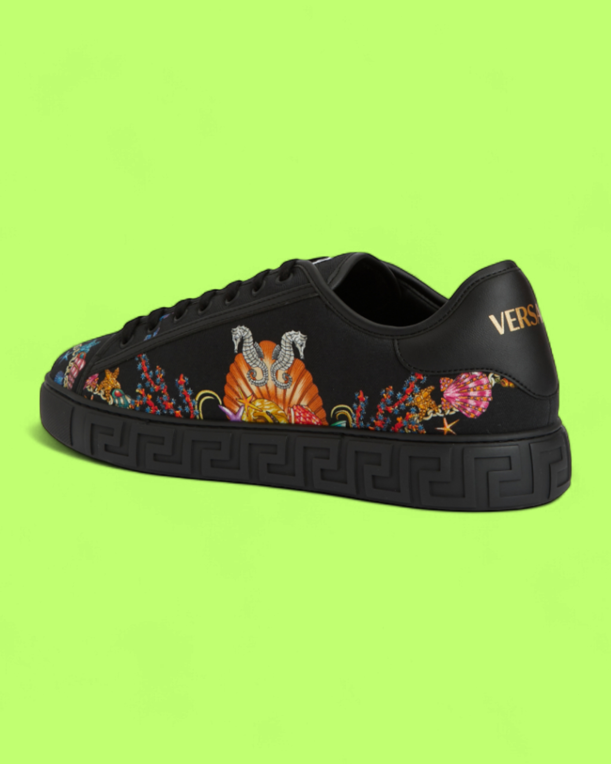 VERSACE BLACK BAROQUE OCEAN PRINT SNEAKER WITH GREEK KEY