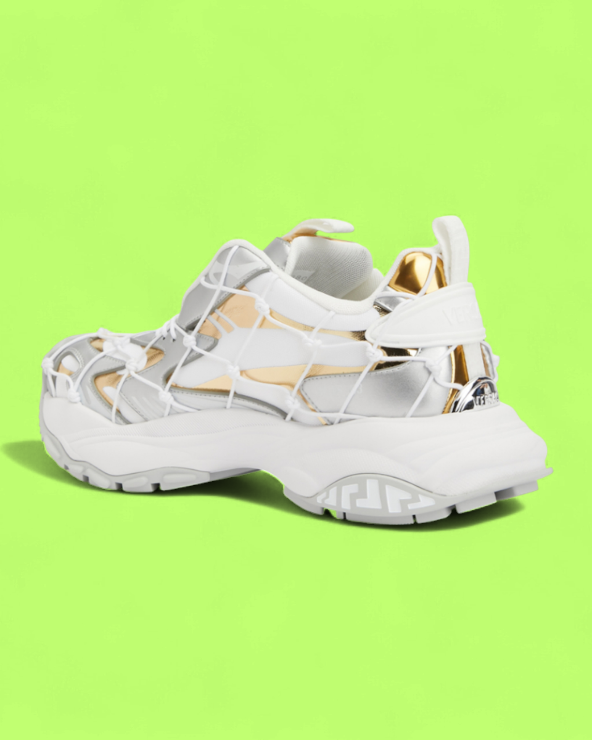 VERSACE WHITE GOLD SILVER CAGED SNEAKER WITH CHUNKY RUBBER