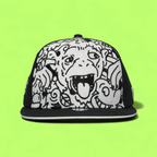 BLACK SNAPBACK CAP WITH CARTOON FACE GRAPHIC FRONT PANEL
