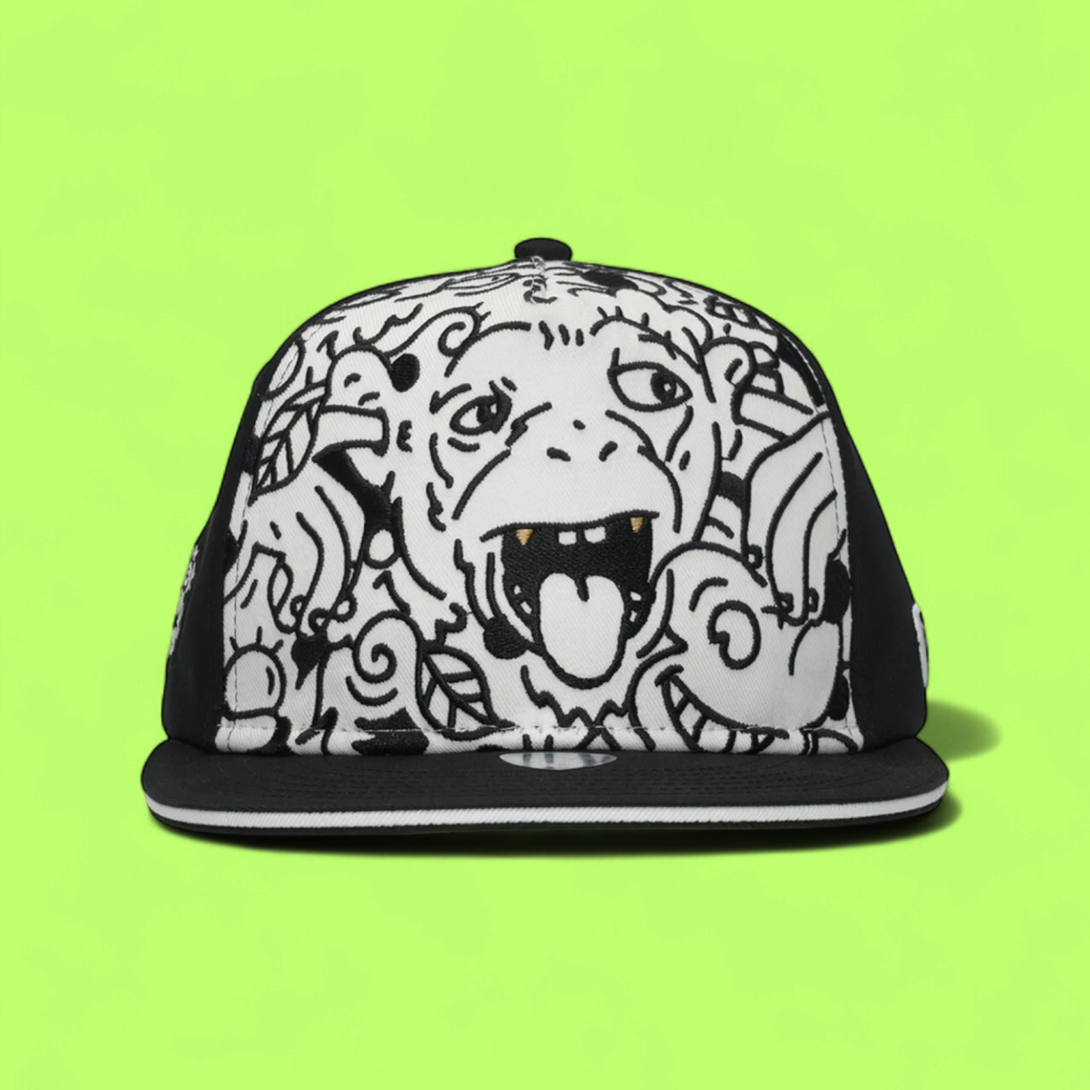 BLACK SNAPBACK CAP WITH CARTOON FACE GRAPHIC FRONT PANEL