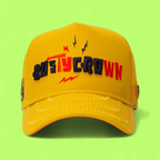 YELLOW TRUCKER CAP WITH MULTICOLOR CROWN EMBROIDERY DESIGN