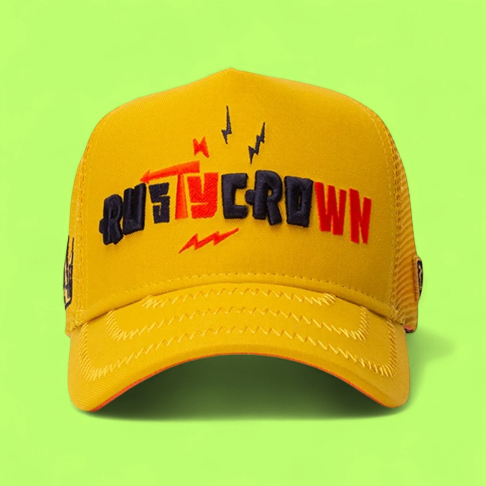 YELLOW TRUCKER CAP WITH MULTICOLOR CROWN EMBROIDERY DESIGN