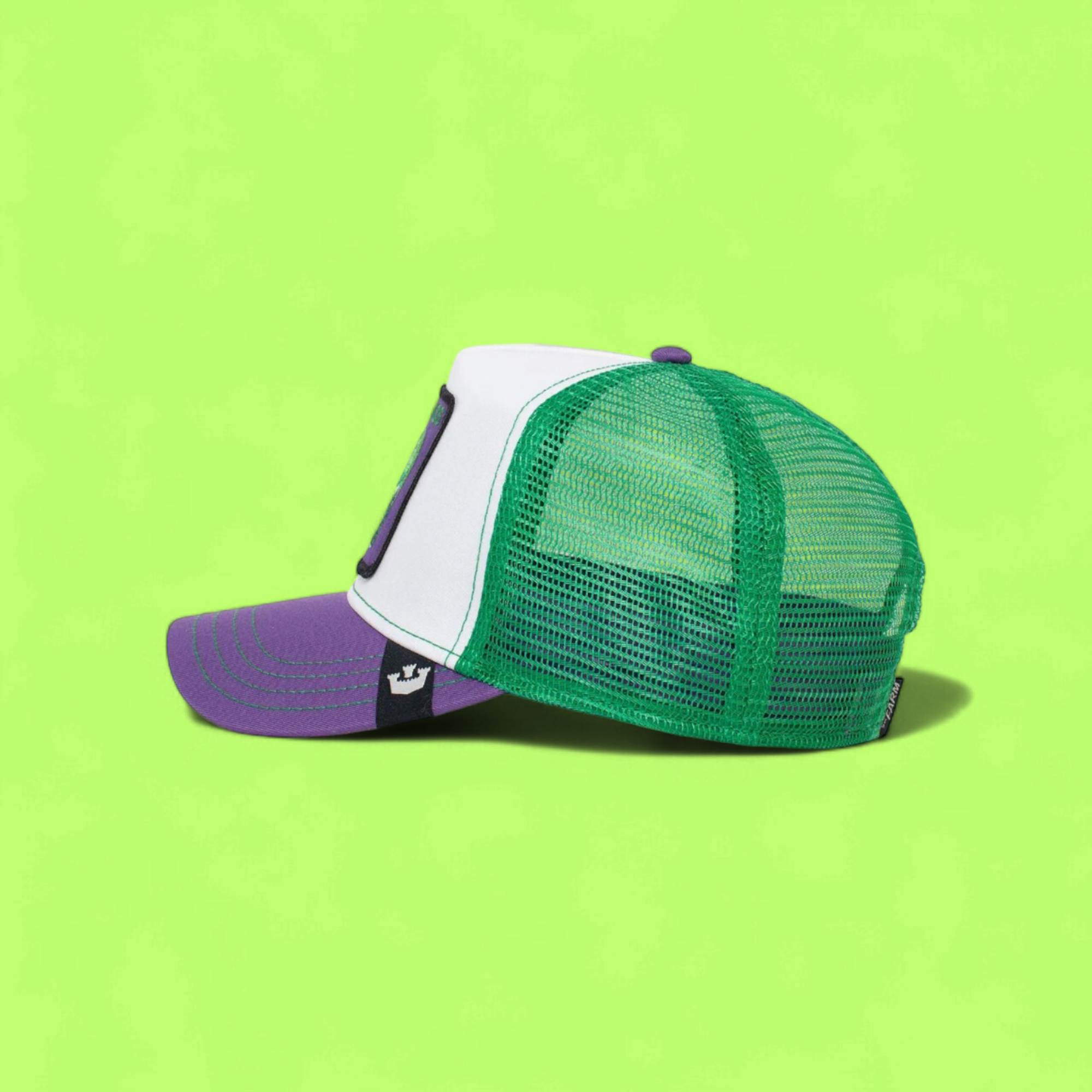 GREEN DONKEY PATCH WHITE TRUCKER HAT WITH PURPLE VISOR