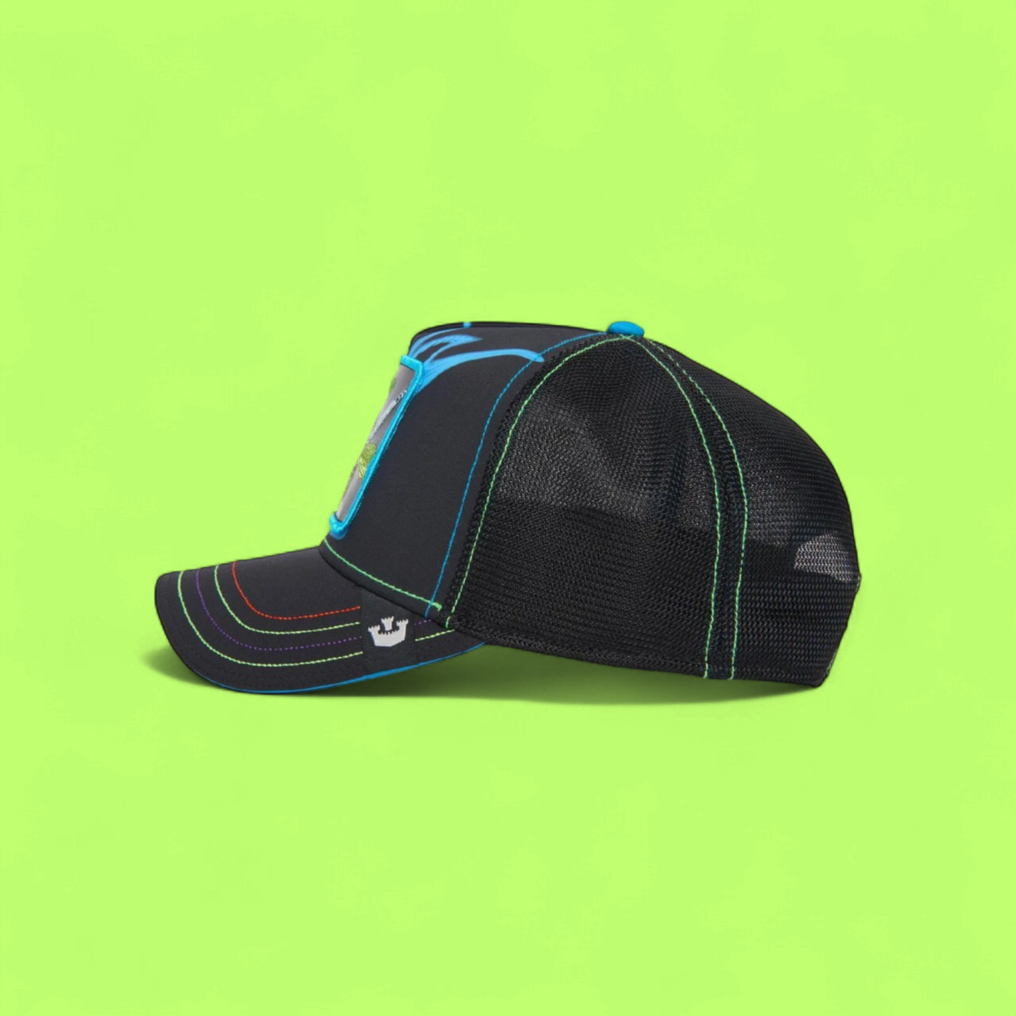 DRAGONFLY PATCH BLACK TRUCKER HAT WITH COLORFUL STITCH