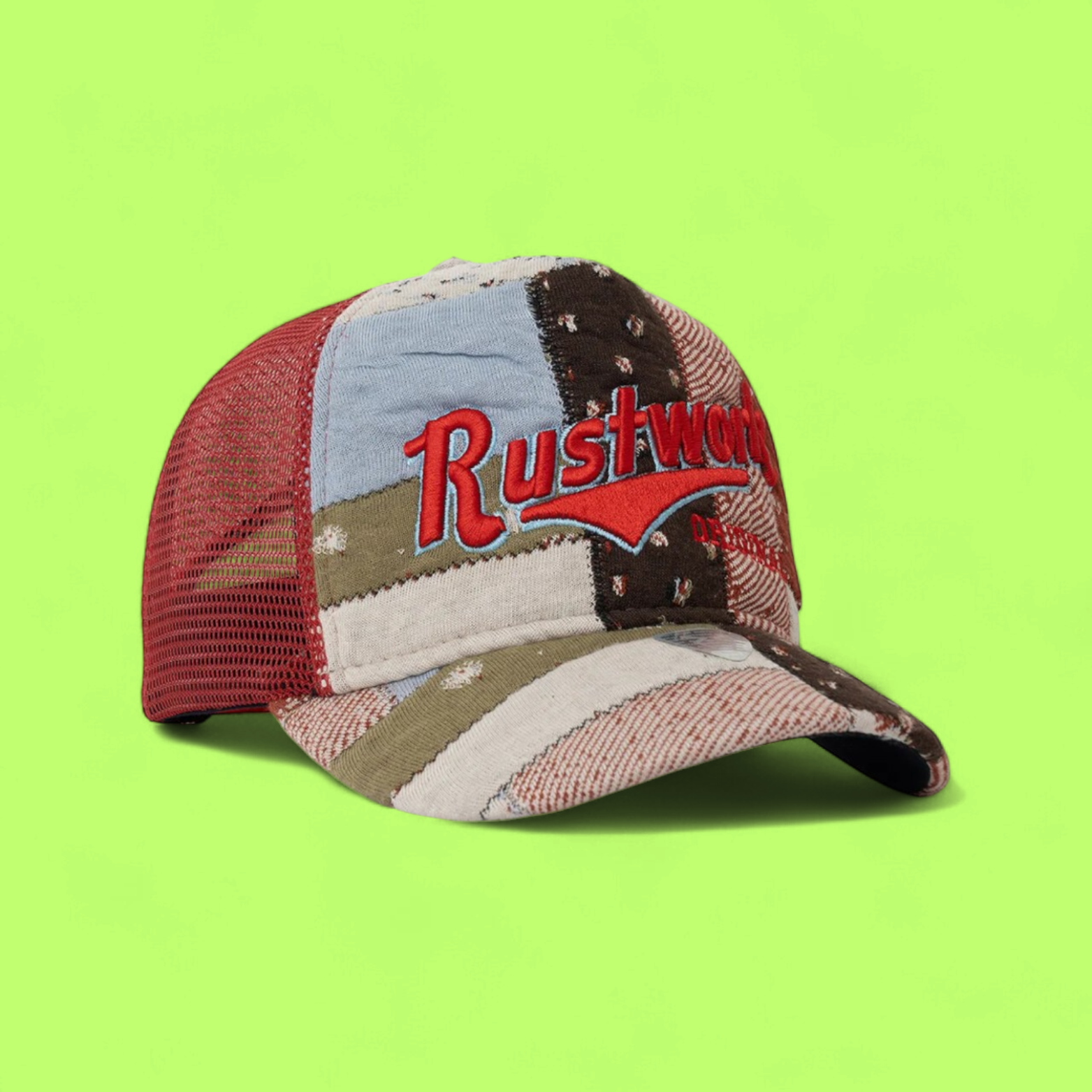 PATCHWORK TRUCKER CAP WITH RED EMBROIDERY AND MESH BACK