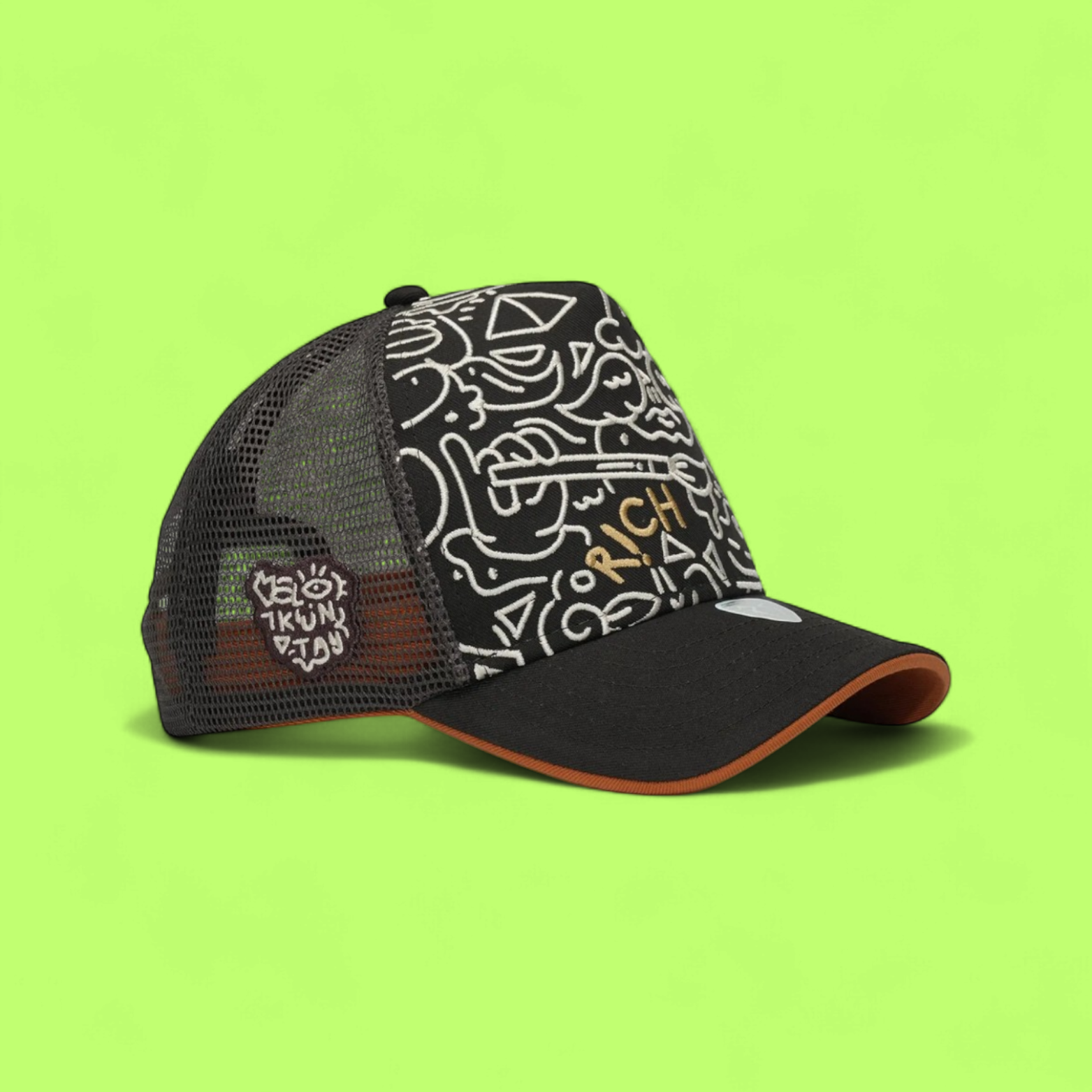 BLACK TRUCKER CAP WITH ABSTRACT WHITE EMBROIDERED PATTERNS