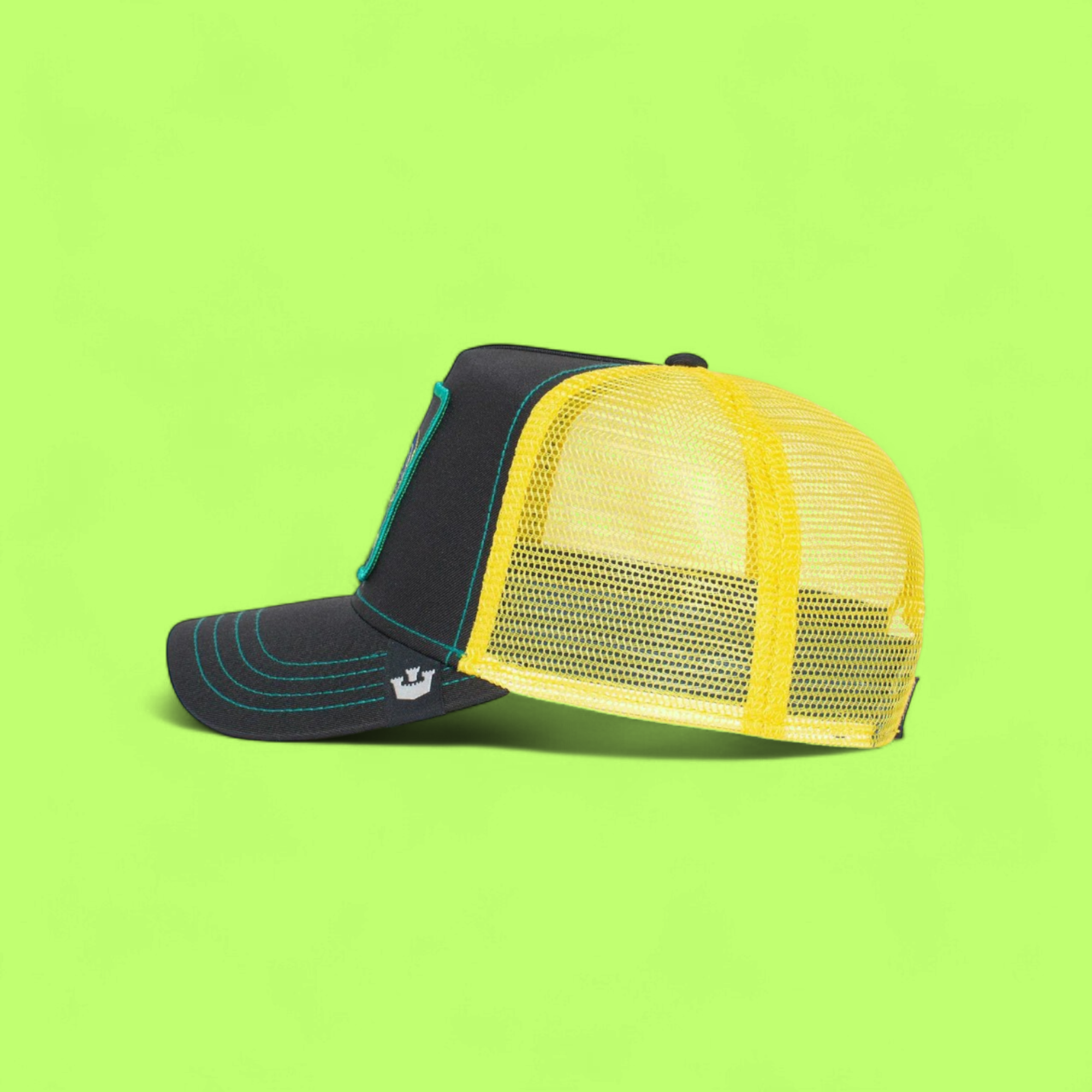 ROOSTER PATCH BLACK TRUCKER HAT WITH YELLOW MESH BACK