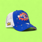 BLUE RUST RICH TRUCKER CAP WITH COLORFUL EMBROIDERED DESIGN