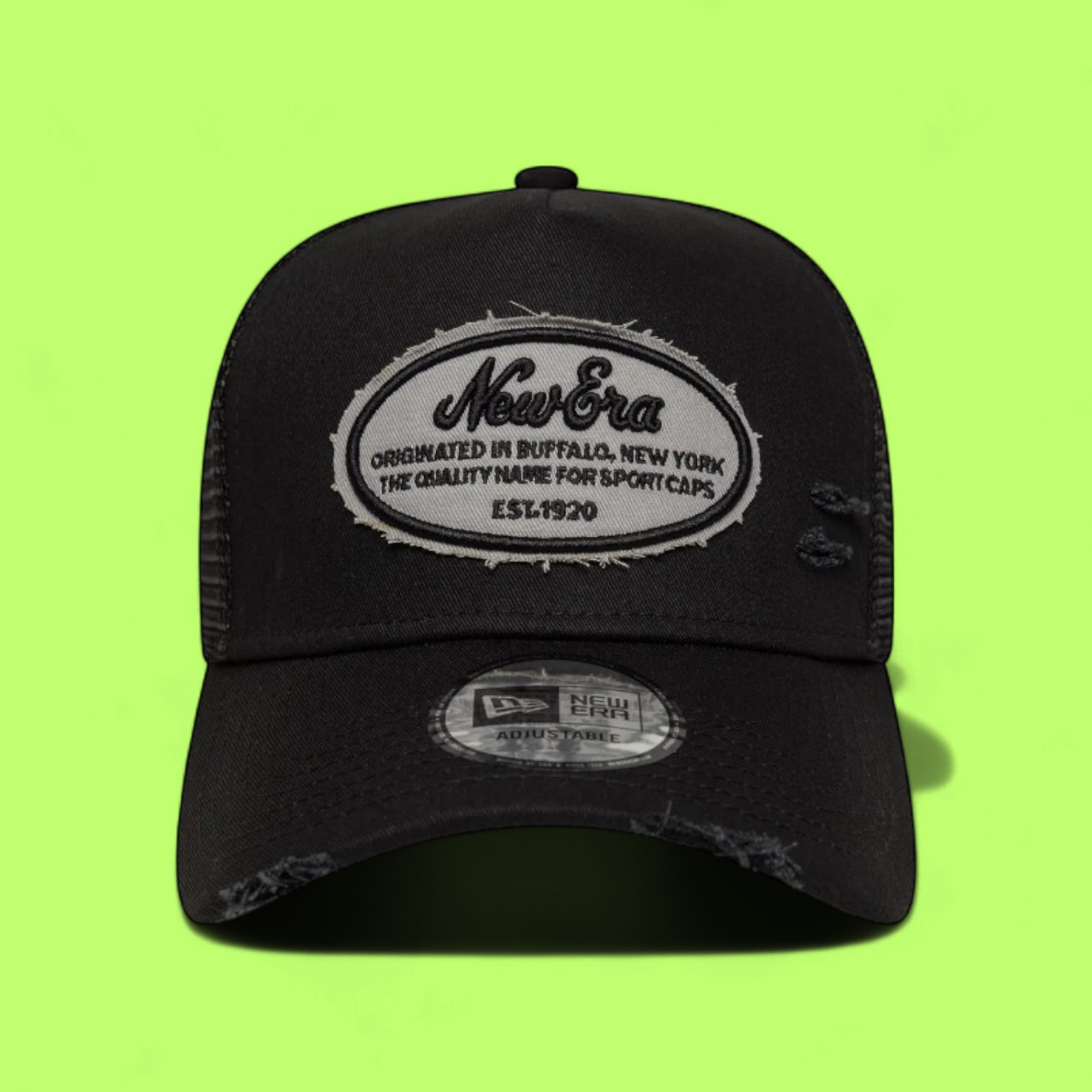 NEW ERA BLACK PATCH TRUCKER DISTRESSED MESH CAP CWCD