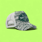 GREEN RUST AND RICH TRUCKER CAP WITH RACE TEAM EMBROIDERY