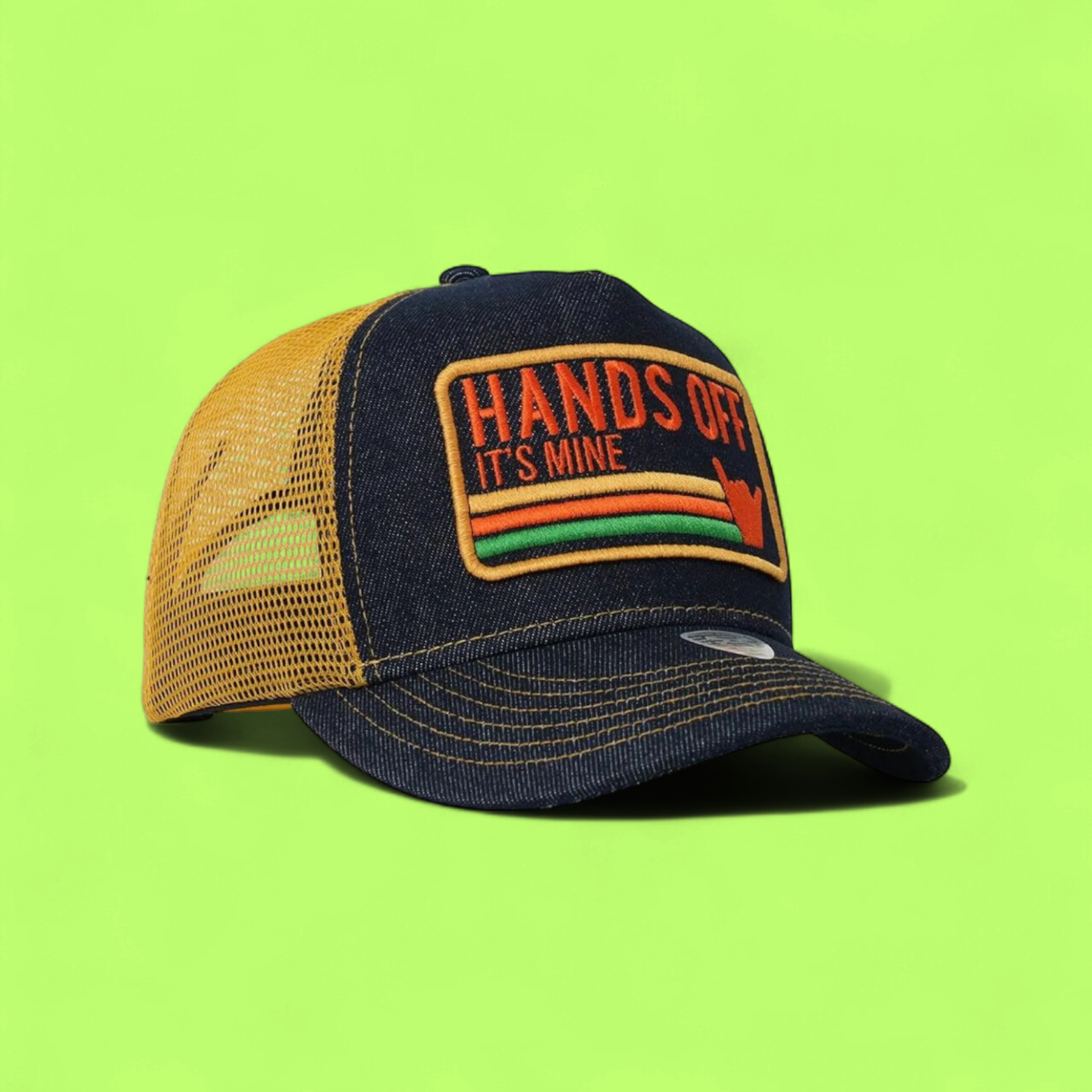 HANDS OFF TRUCKER CAP WITH COLORFUL RETRO EMBROIDERY