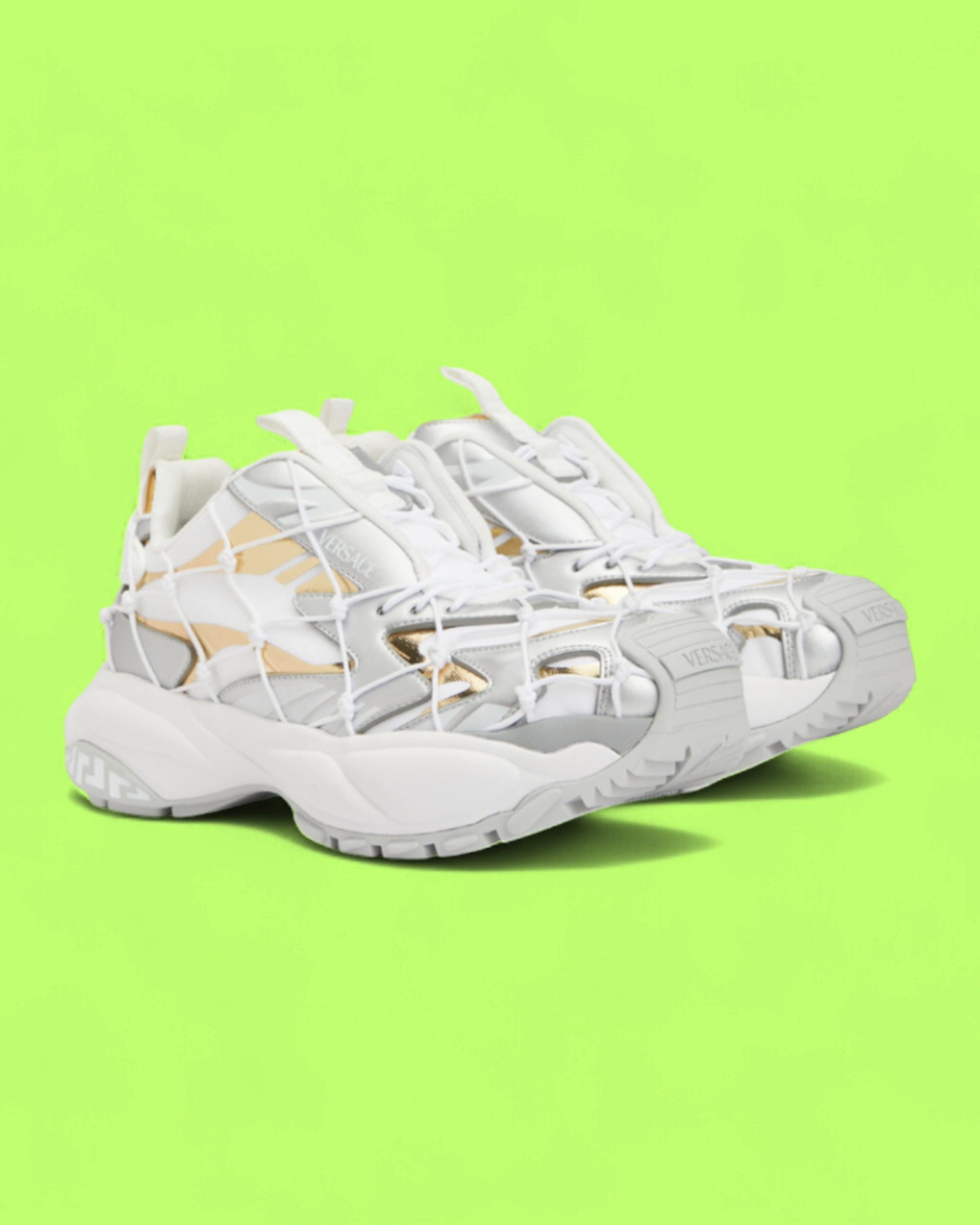 VERSACE WHITE GOLD SILVER CAGED SNEAKER WITH CHUNKY RUBBER