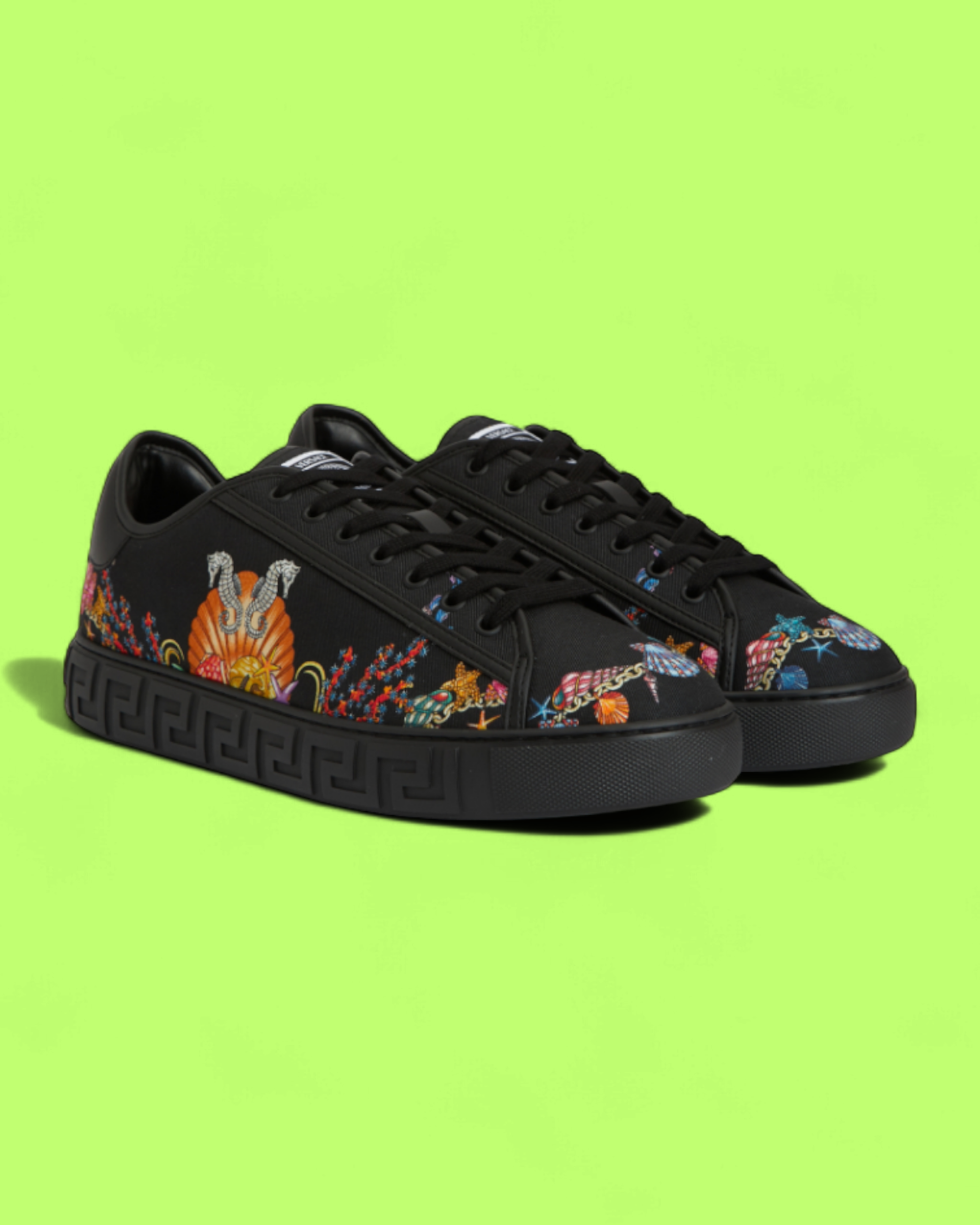 VERSACE BLACK BAROQUE OCEAN PRINT SNEAKER WITH GREEK KEY