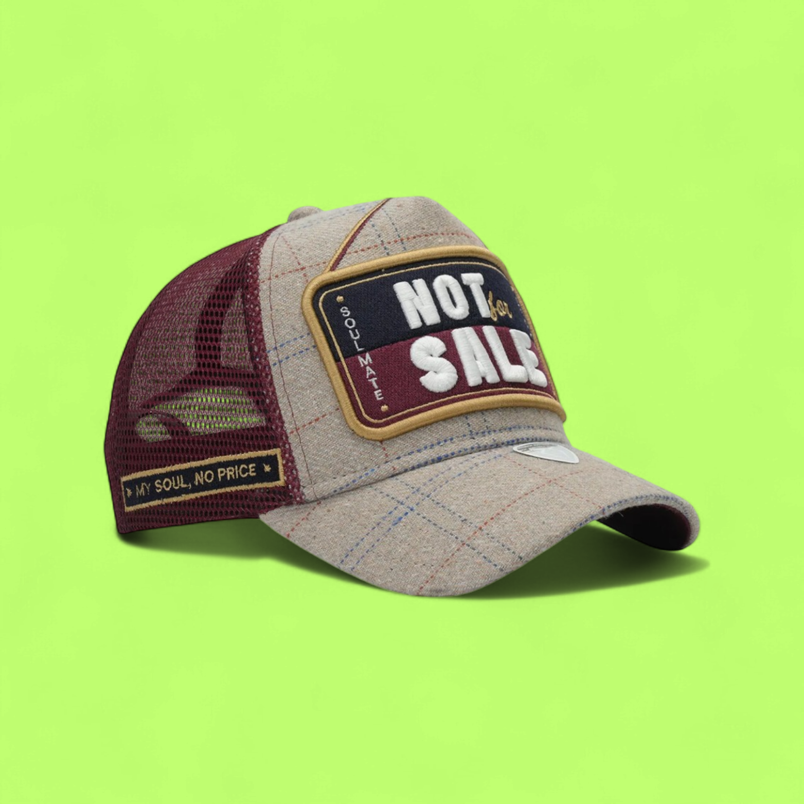 BEIGE BURGUNDY TRUCKER CAP WITH NOT FOR SALE PATCH FRONT