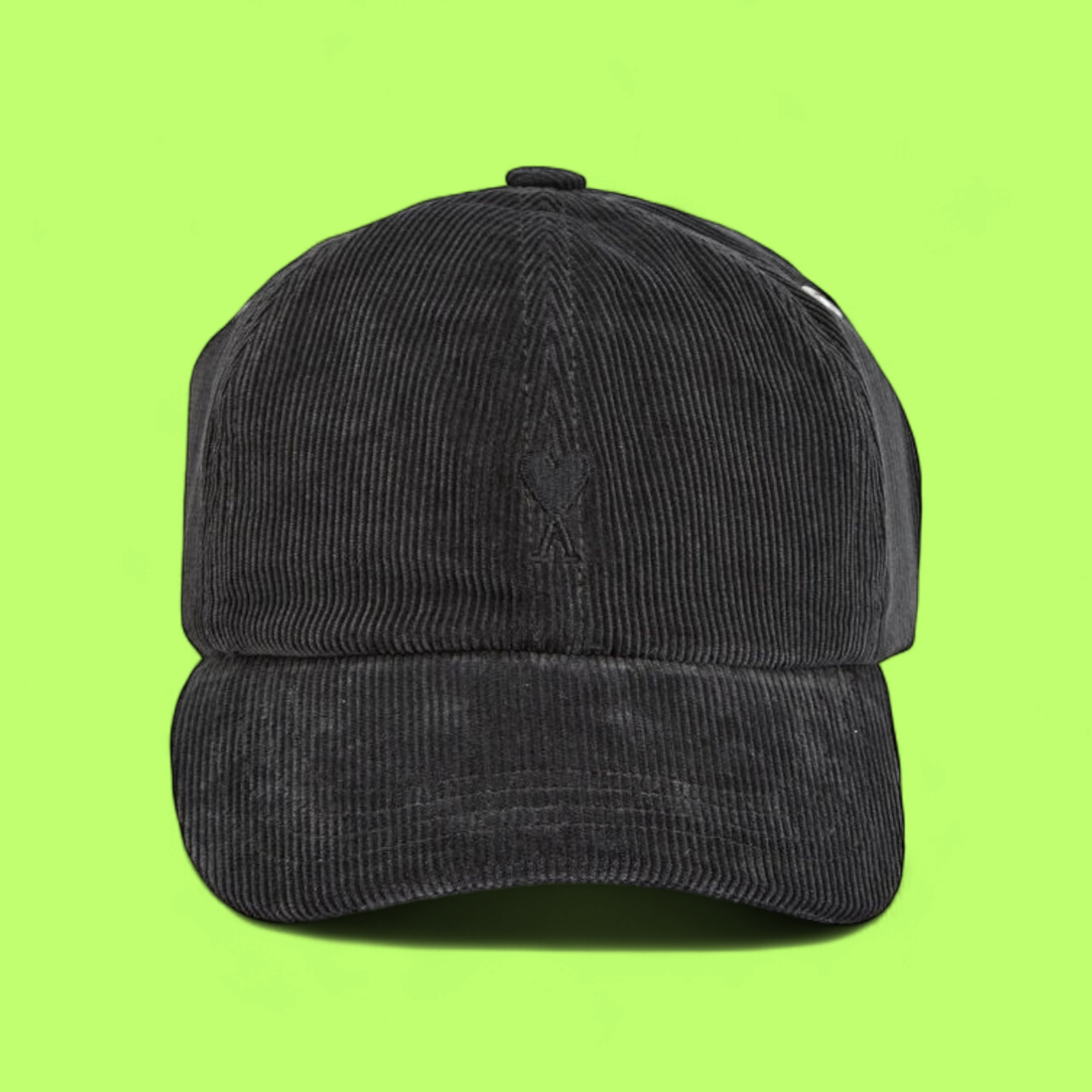 BLACK CORDUROY CAP WITH TONAL HEART A EMBROIDERED FRONT