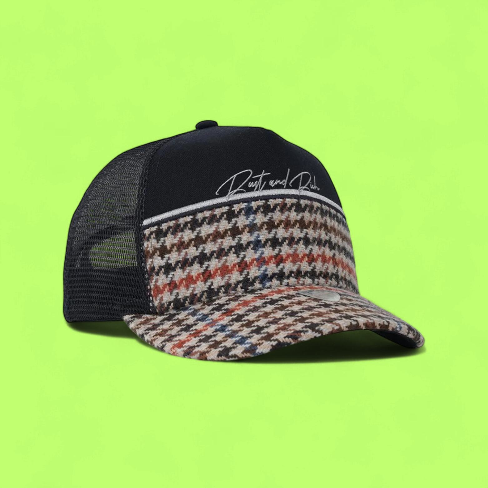 BLACK TRUCKER CAP WITH BROWN CHECKERED RETRO DESIGN