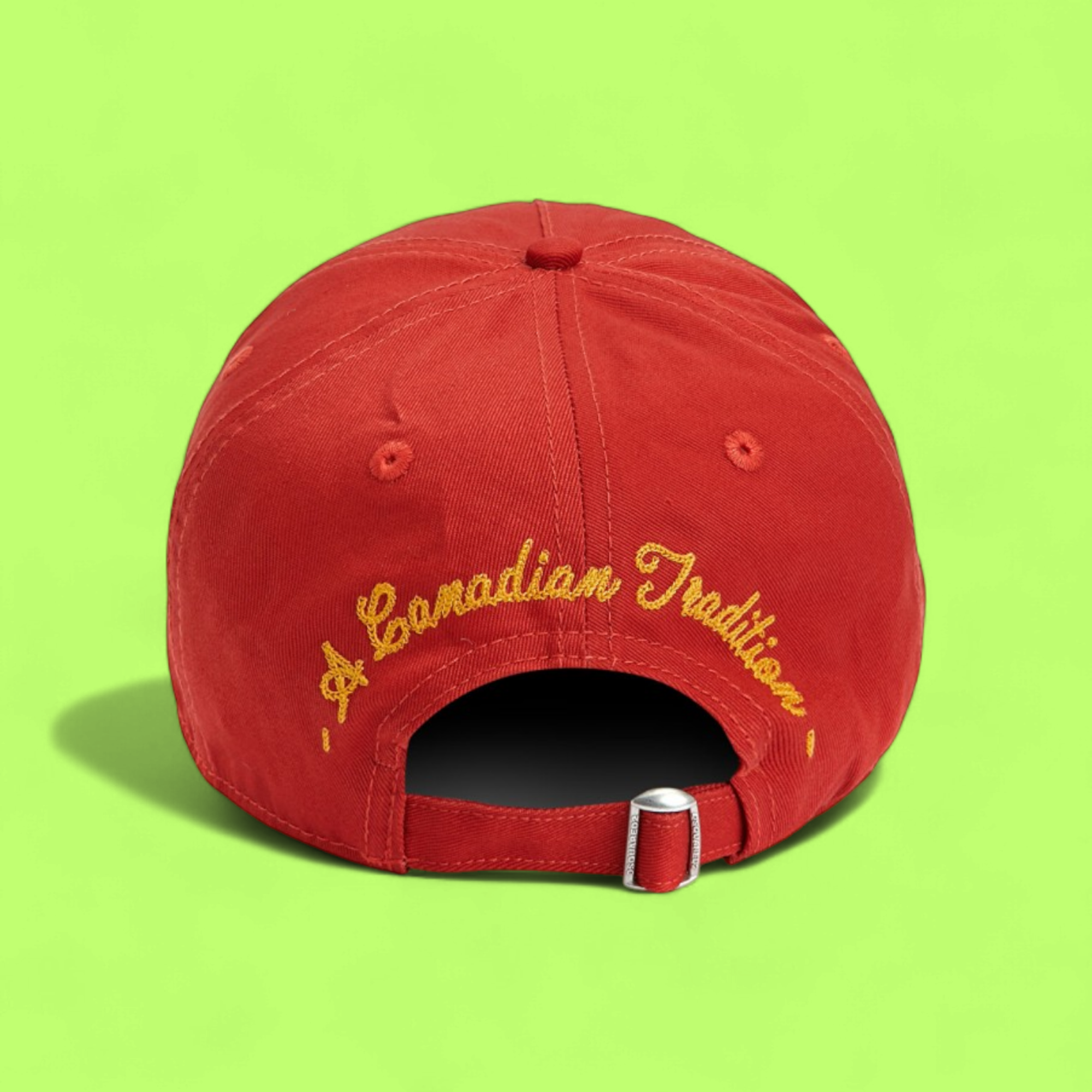 RED BASEBALL CAP WITH YELLOW EMBROIDERED FRONT SIGNATURE