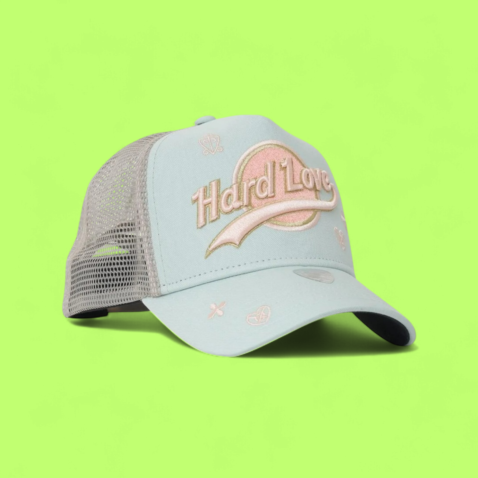PASTEL HARD LOVE TRUCKER CAP WITH PINK EMBROIDERED LOGO