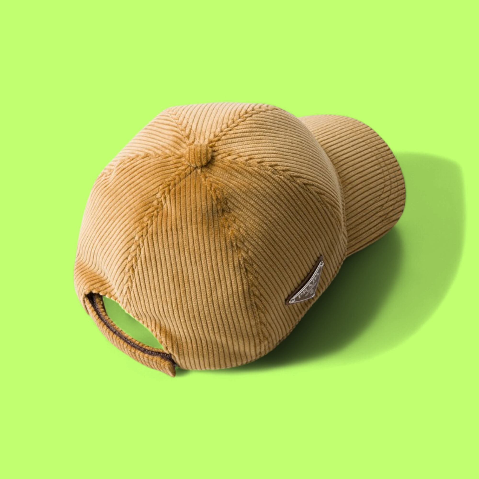 BROWN CORDUROY PRADA BASEBALL CAP WITH ICONIC METAL TRIANGLE