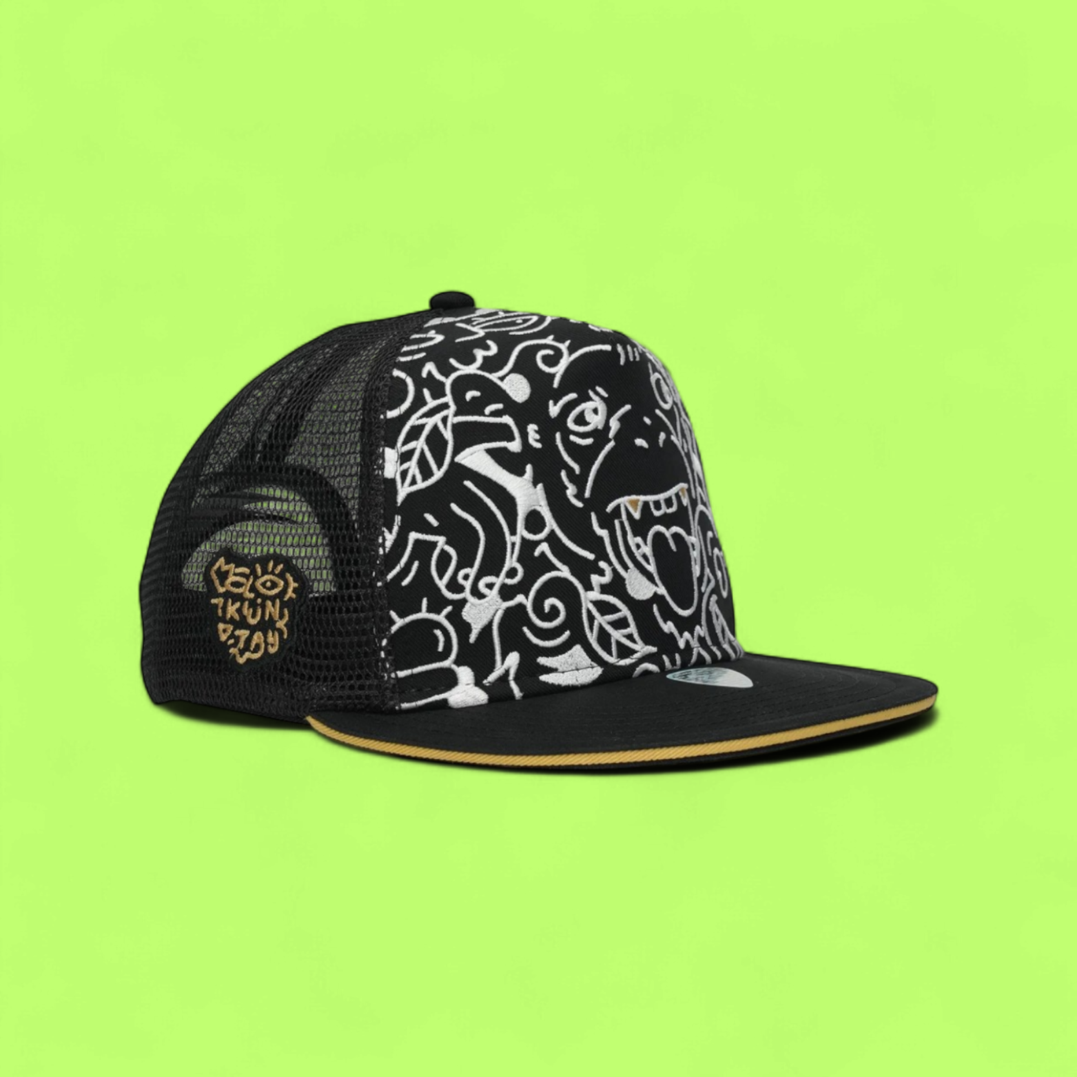 BLACK MESH TRUCKER CAP WITH WHITE CARTOON FACE EMBROIDERY