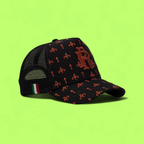BLACK TRUCKER CAP WITH ORANGE R LOGO AND FLORAL PATTERN