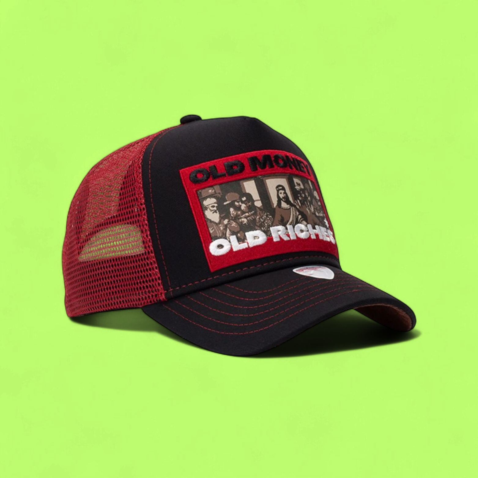 BLACK RED TRUCKER CAP WITH PATCH PRINT AND NETTED BACK
