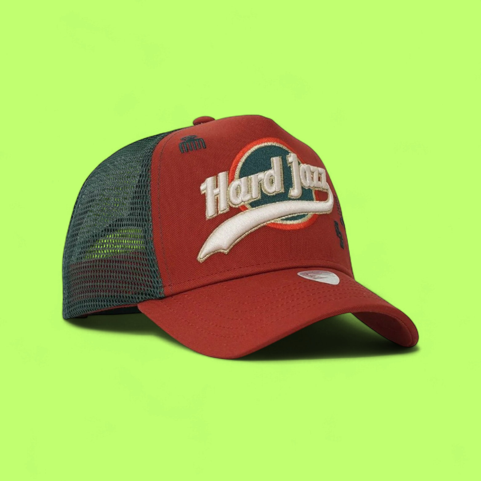 HARD JAZZ TRUCKER CAP WITH RETRO EMBROIDERED FRONT DESIGN