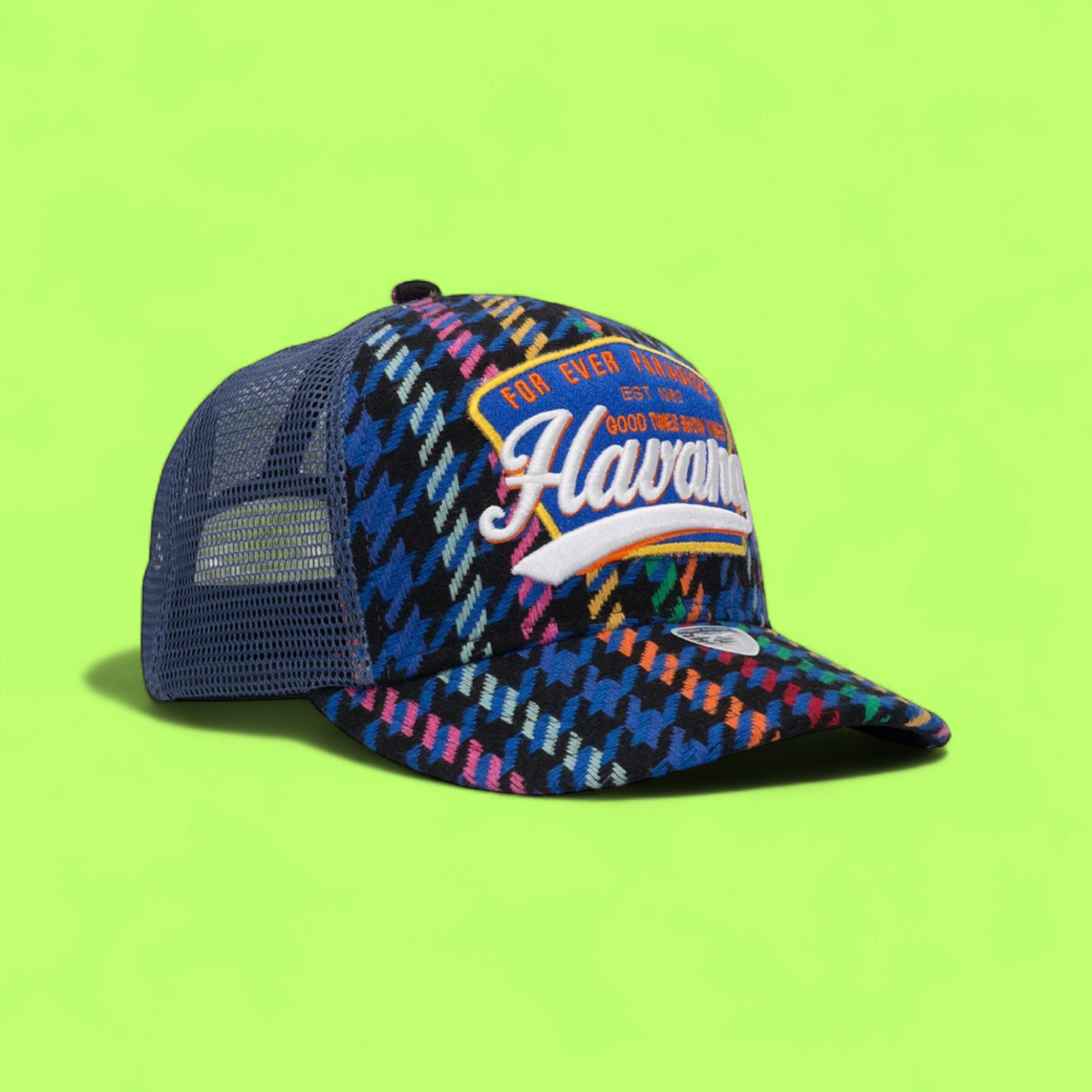 COLORFUL TRUCKER CAP WITH HAVANA EMBROIDERY AND BLUE MESH