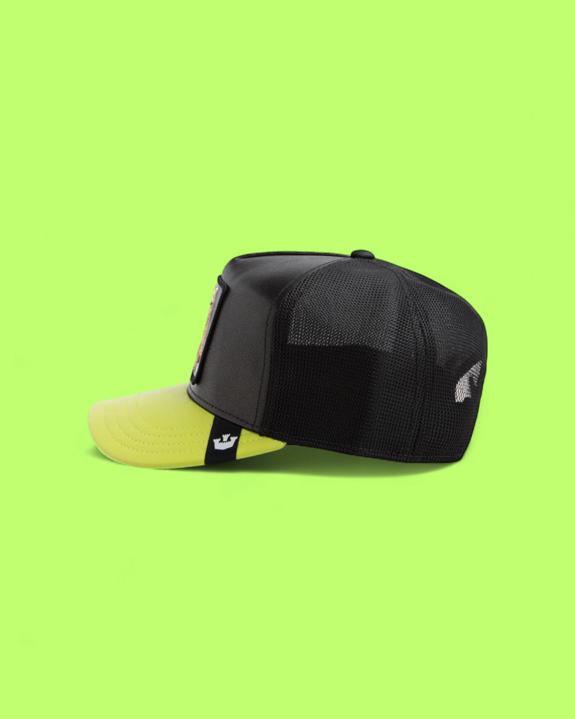 SMOKY BEAR BLACK TRUCKER HAT WITH NEON YELLOW BRIM DETAIL
